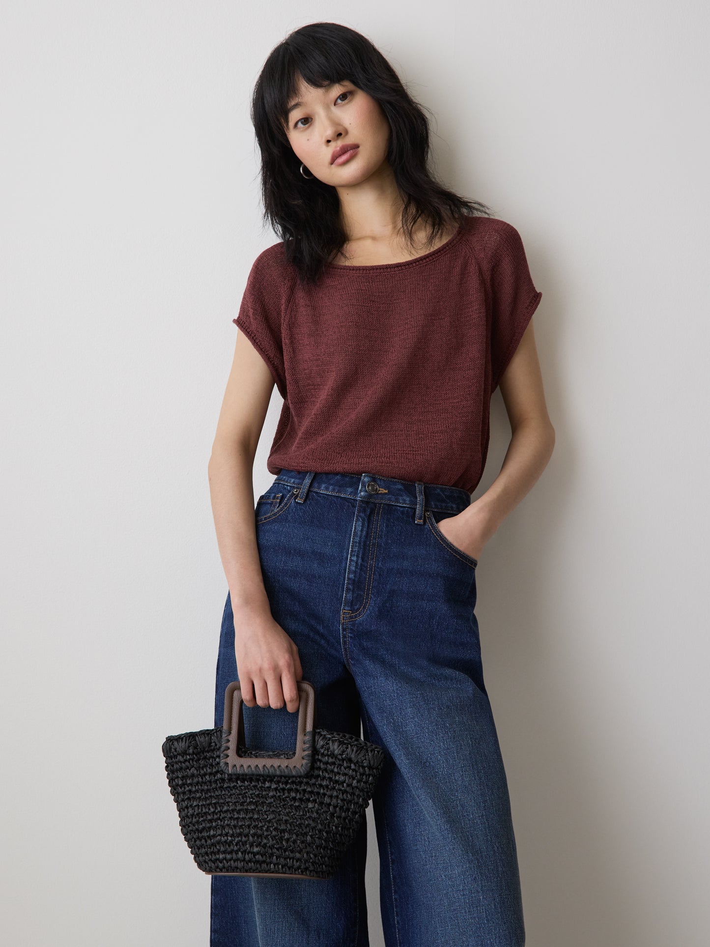Woven Paper and PU Cutout Handle Handbag