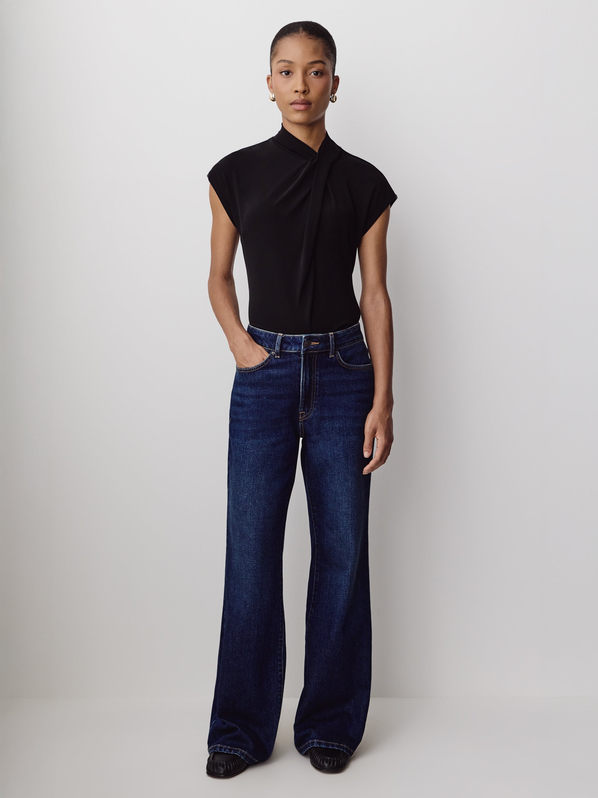 Extended-Sleeve Top with Crossover Draped Mock Neckline