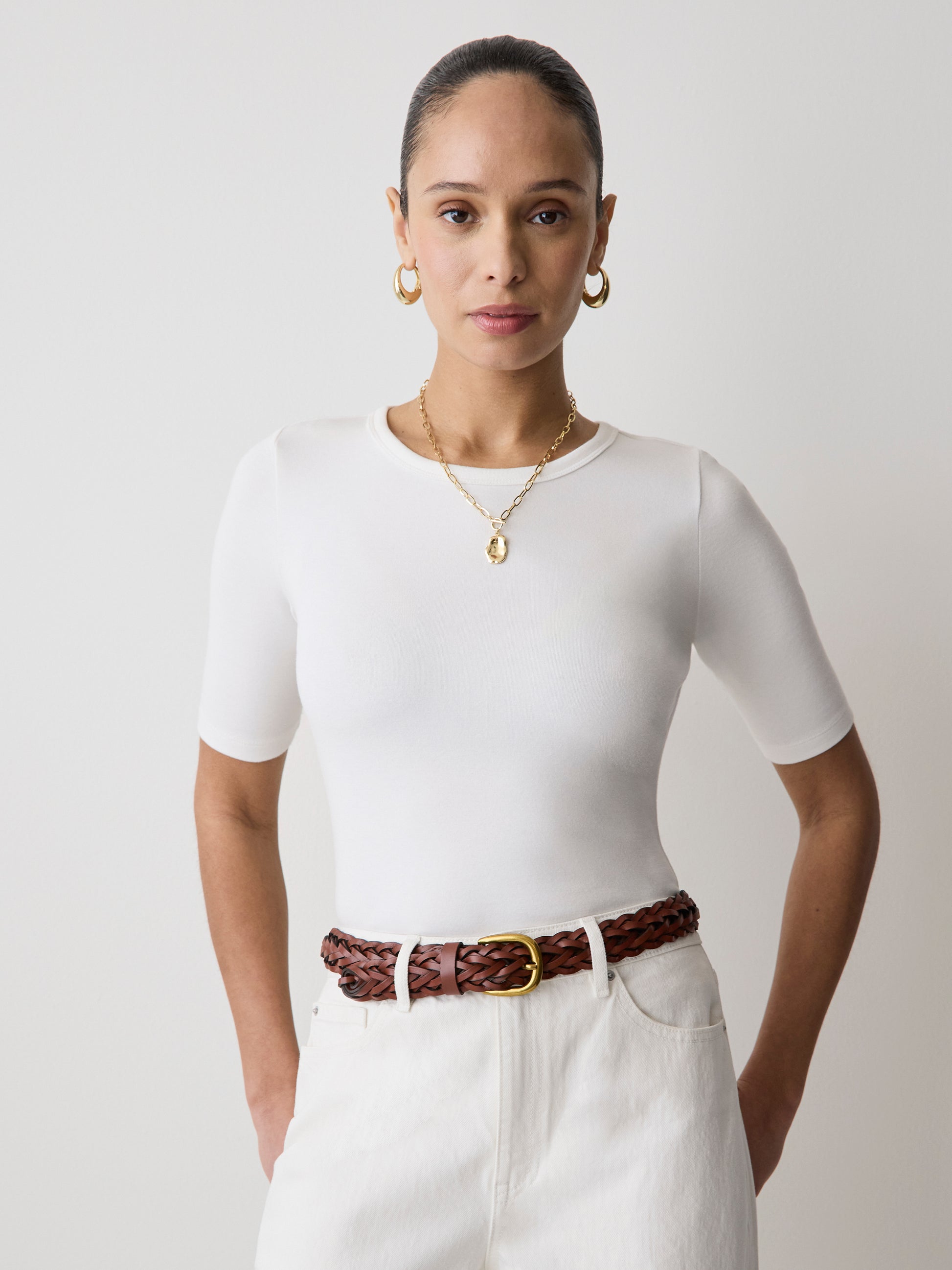 Elbow-Sleeve Crew-Neck Fitted Tee