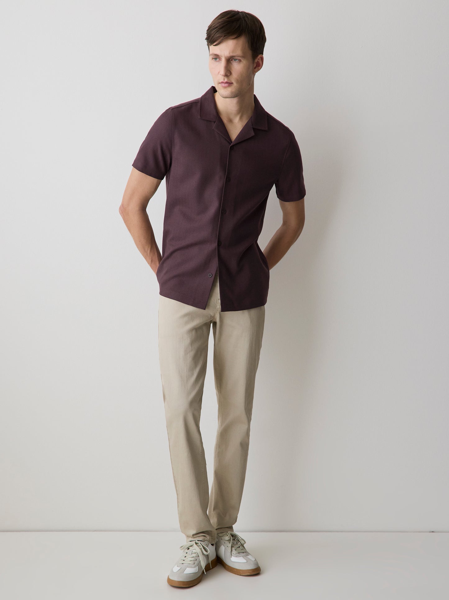 Short-Sleeve Herringbone Shirt with Camp Collar