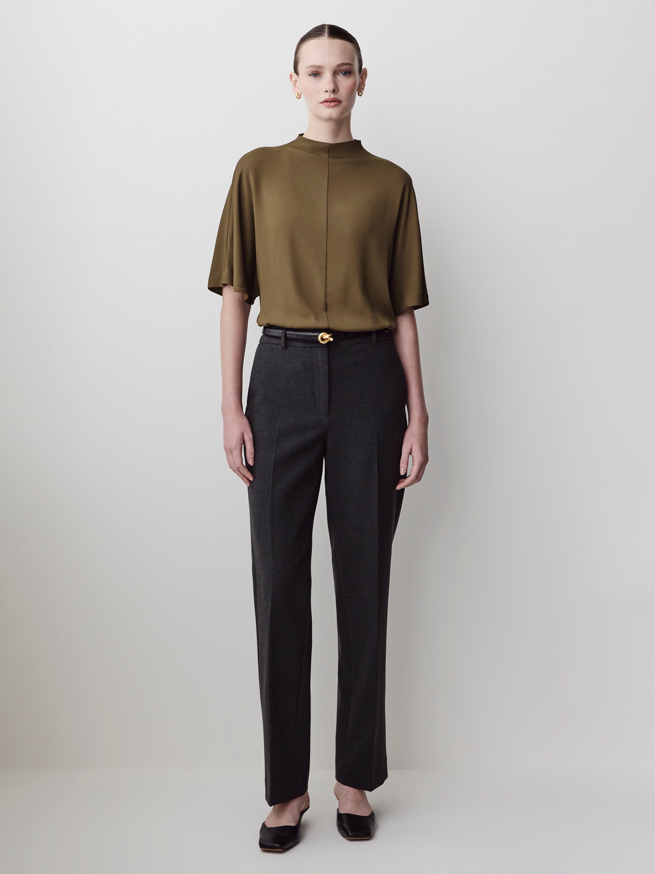 Short-Sleeve Mock-Neck Cape Blouse