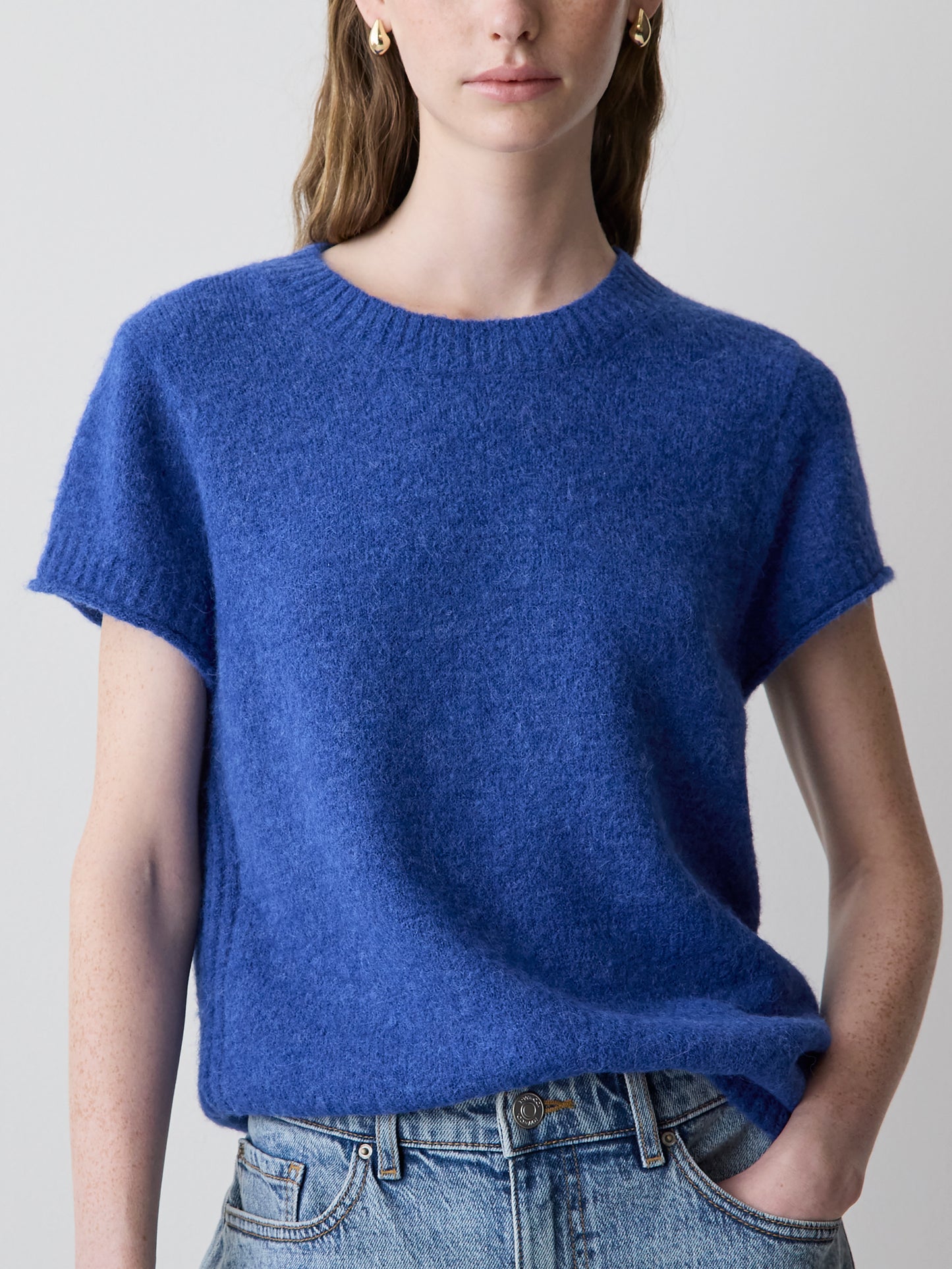 Wool-Blend Cap-Sleeve Crew-Neck Boxy Sweater