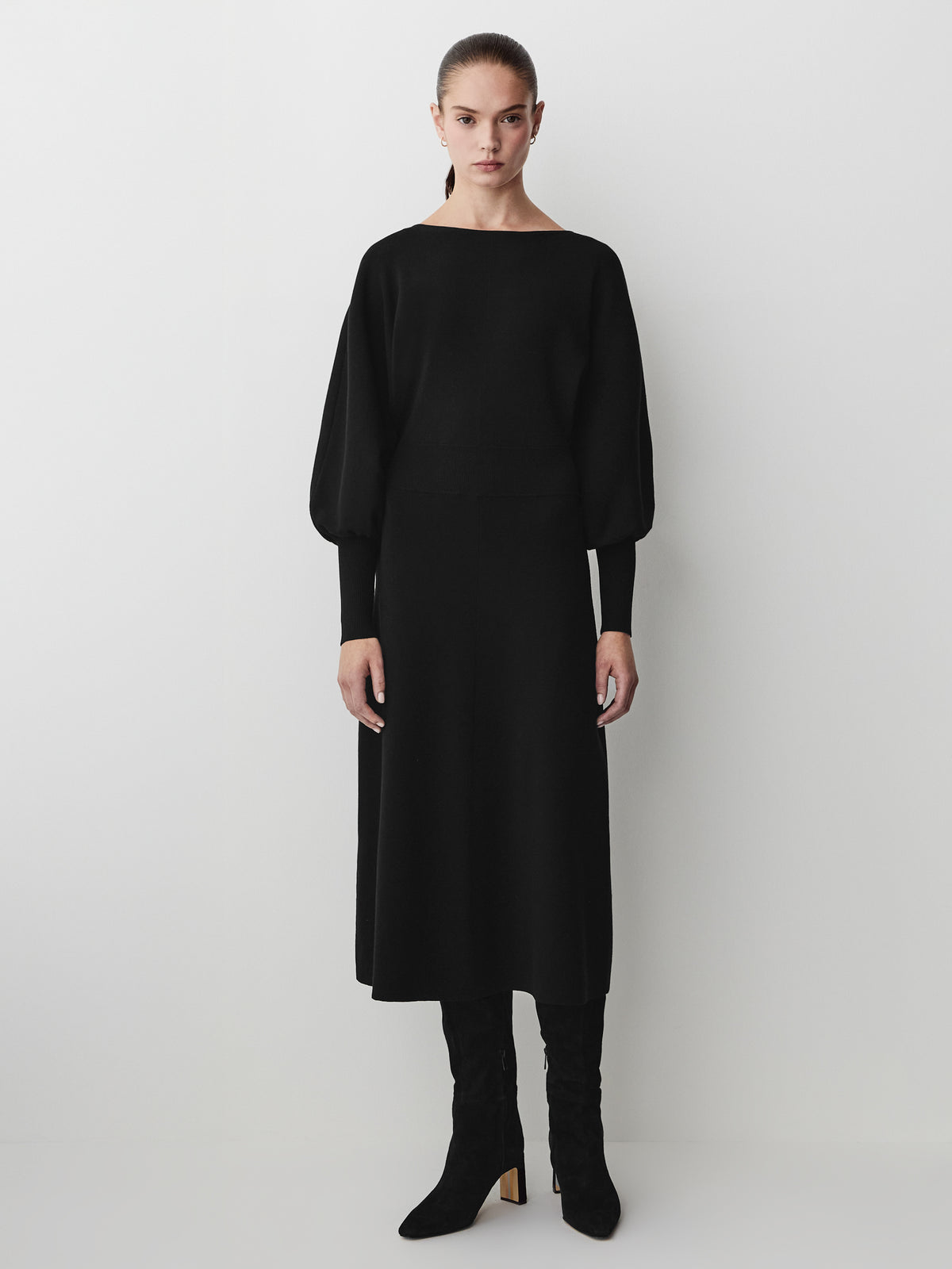 Knit Batwing Sleeve Flare Midi Dress
