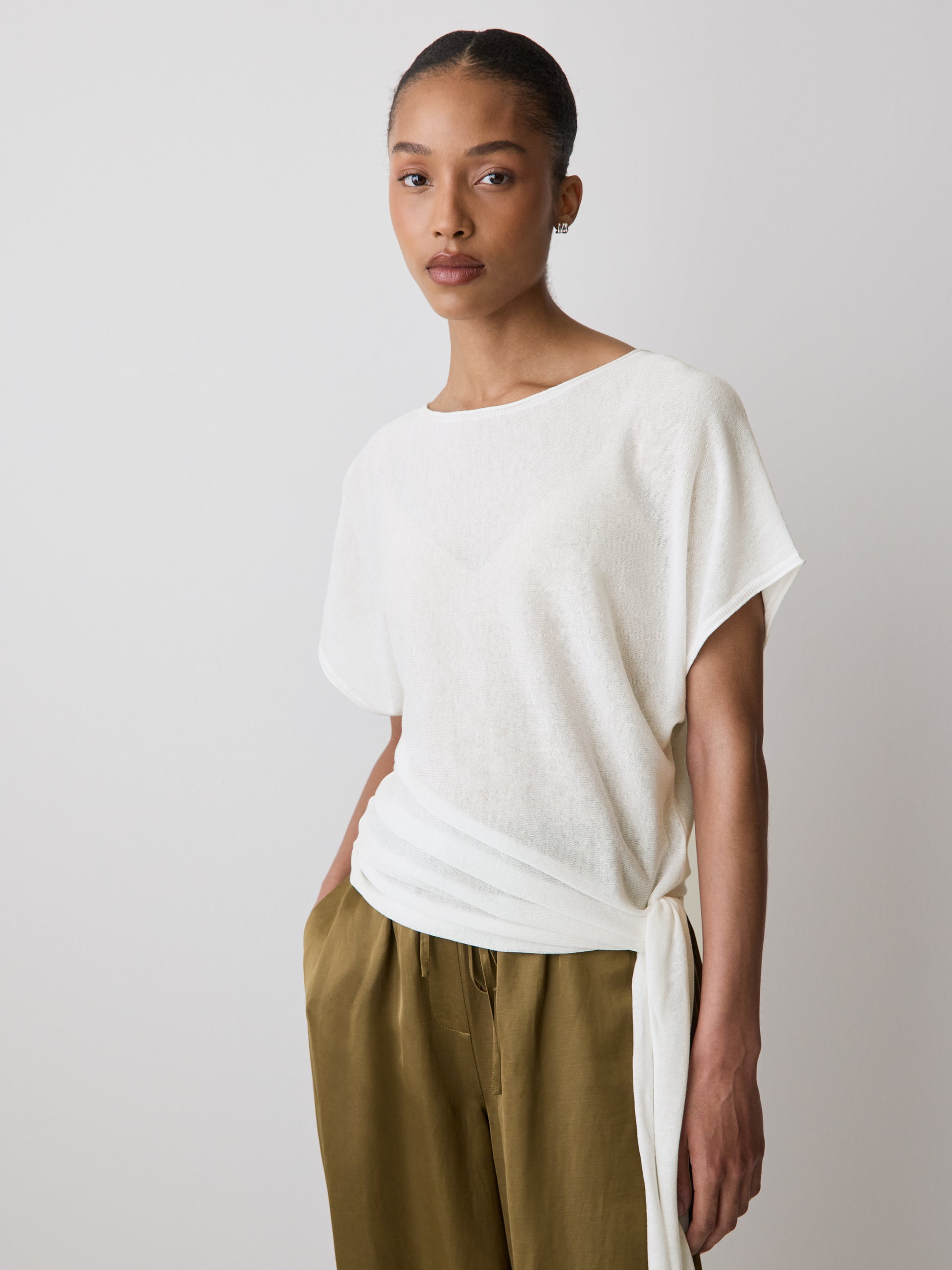 Knit Sweater Linen Blend Boat Neck Tie Detail