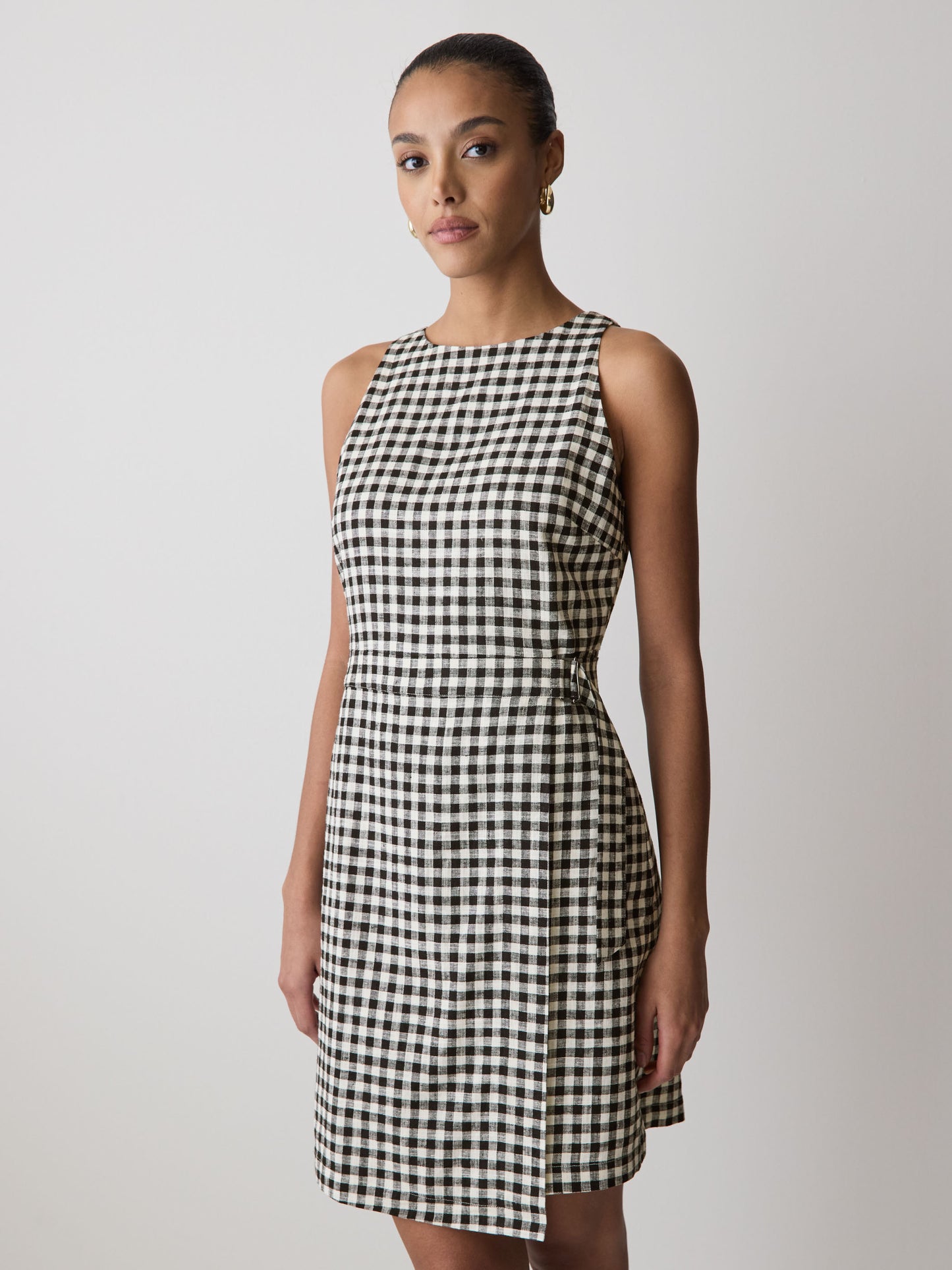 Robe Courte Sans Manches à Col Bateau en Mélange de Lin