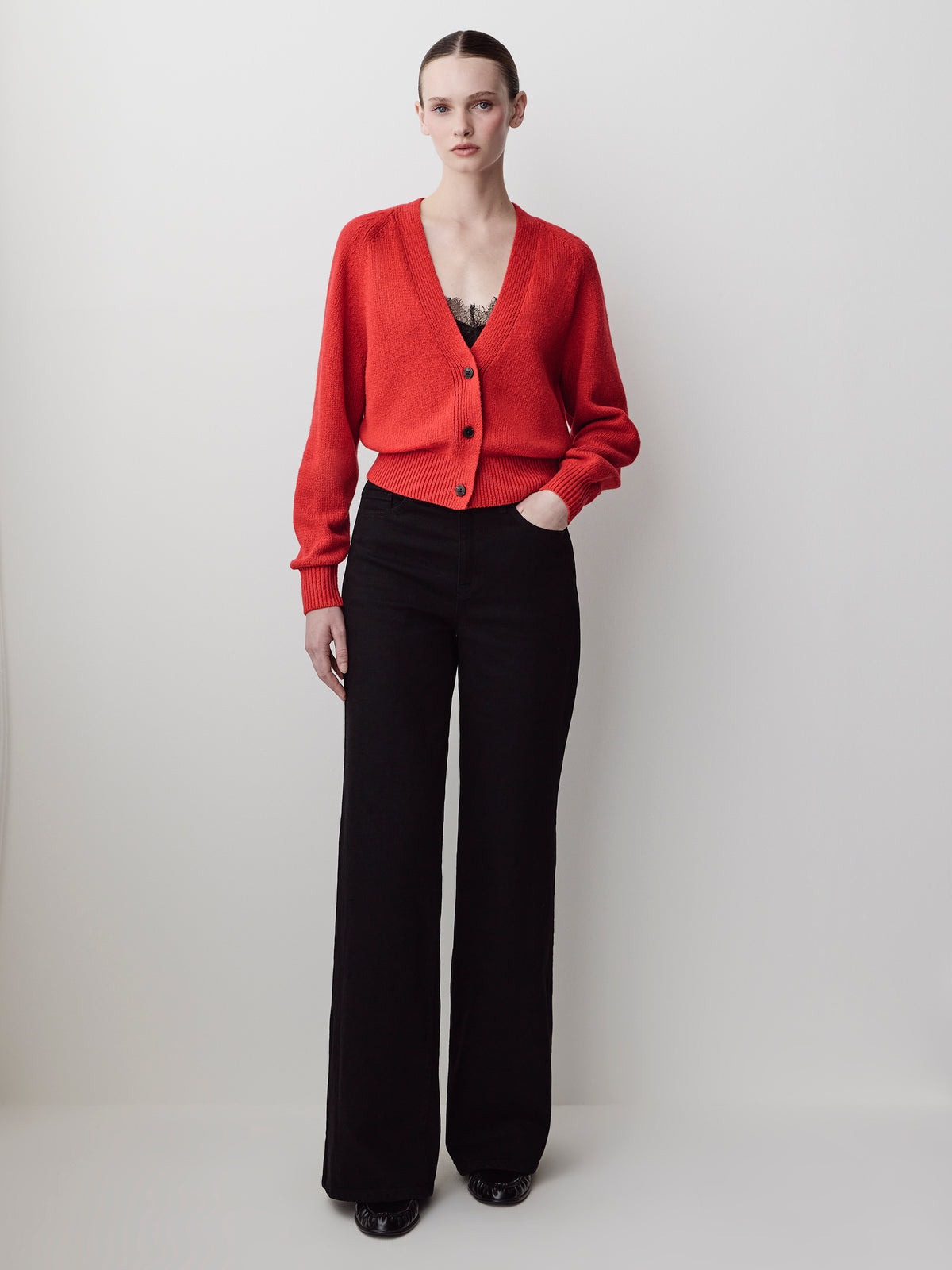 V-Neck Cardigan with Long Barrel Sleeves
