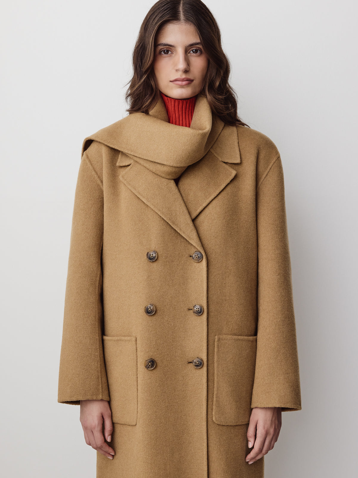 Wool Blend Double-Breasted Coat with Removable Scarf