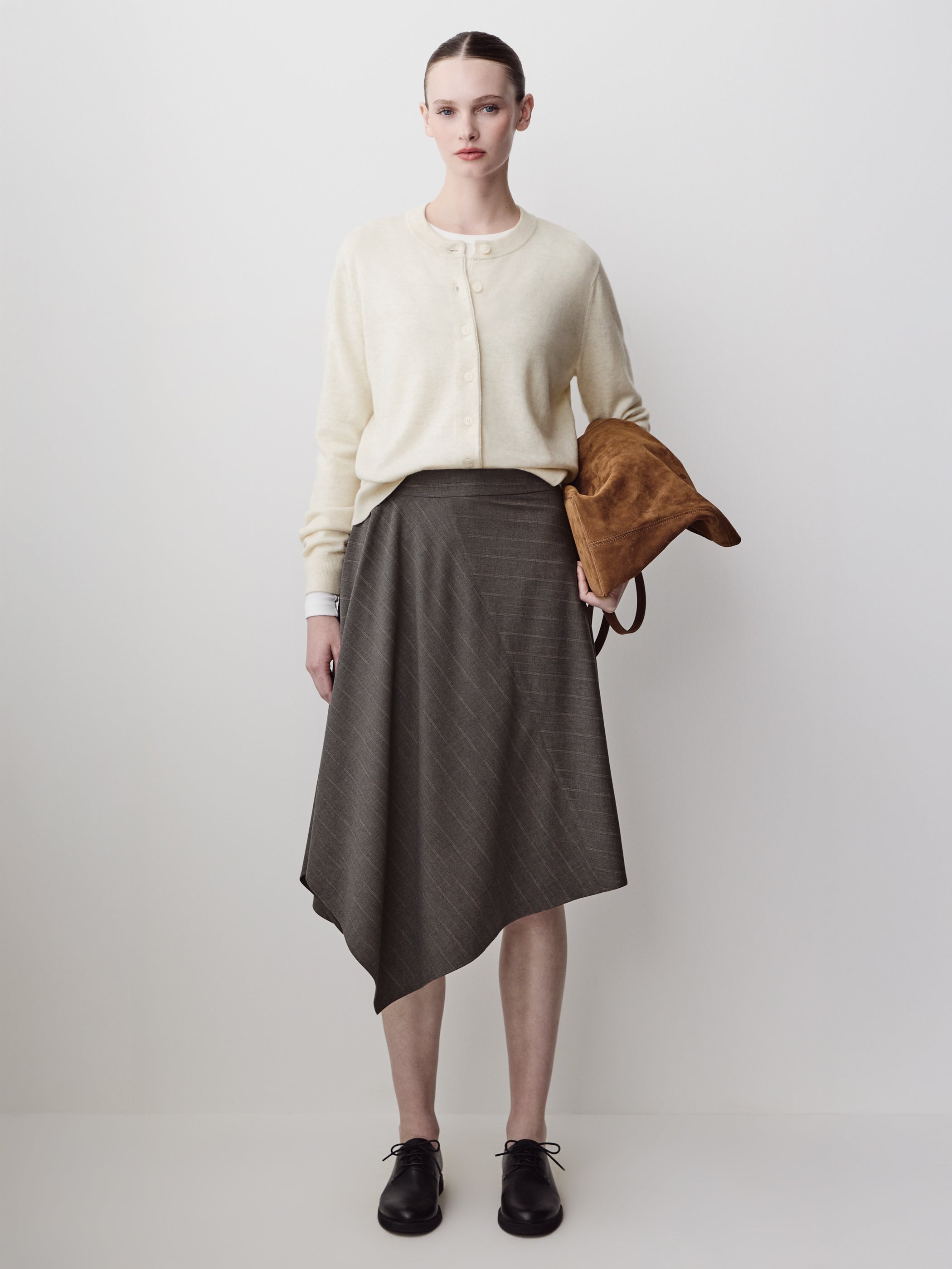 Woven Asymmetric Flare Midi Skirt in Polyester Blend