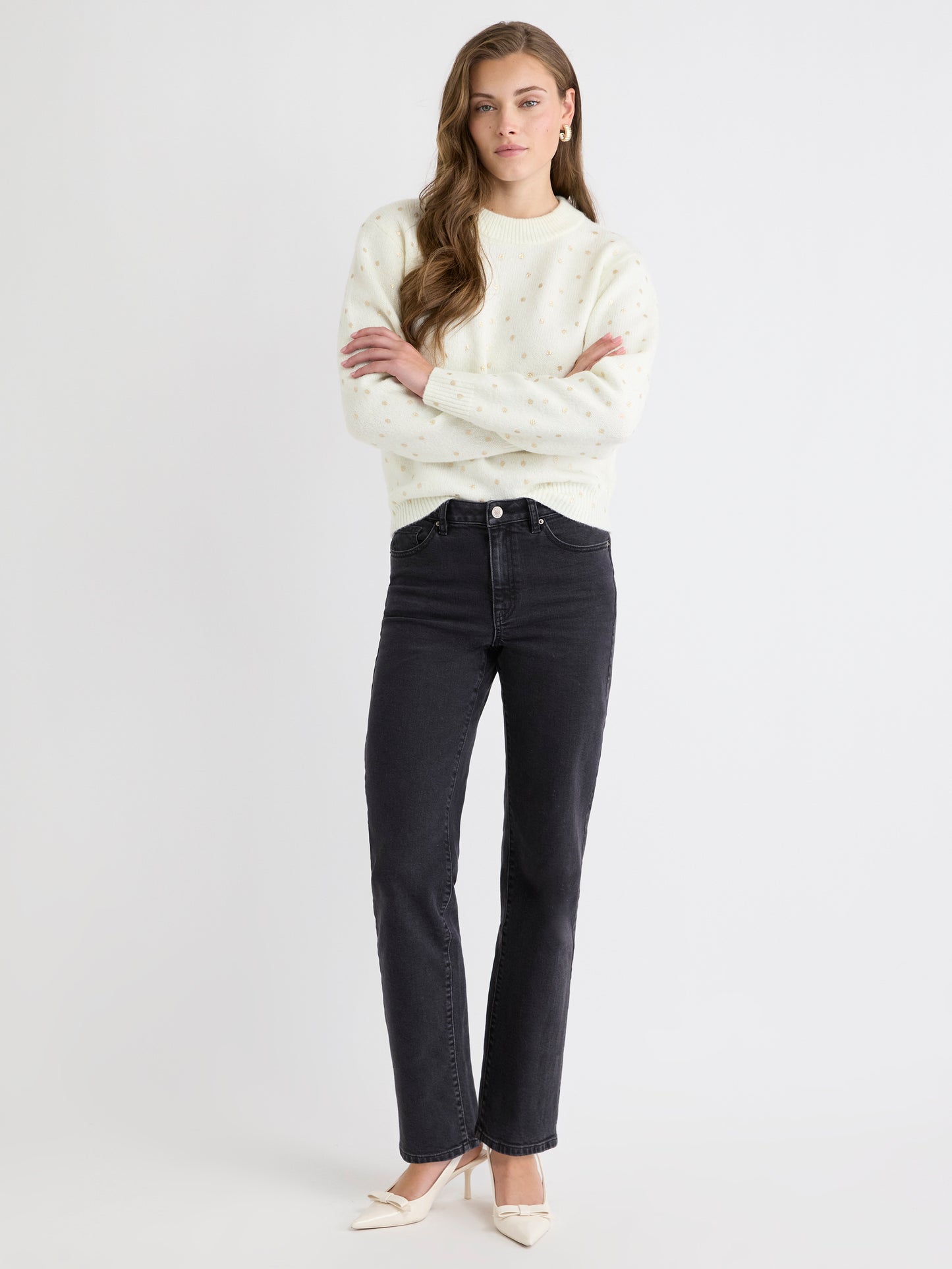 Wool-Blend Long-Sleeve Crew-Neck Sweater with Metallic Dots