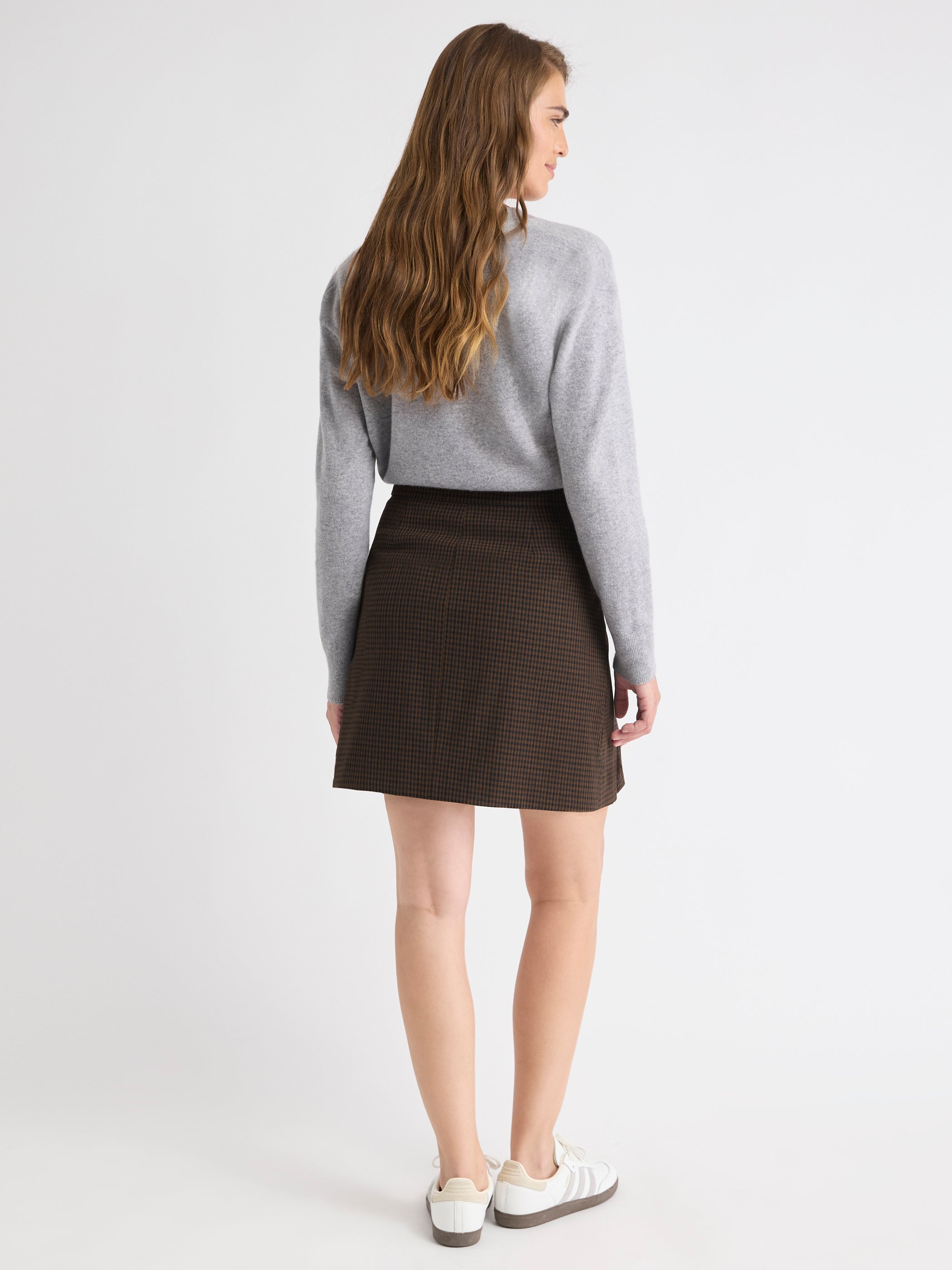 Jupe Mini Plissée en Sergé Carreauté à Taille Très Haute