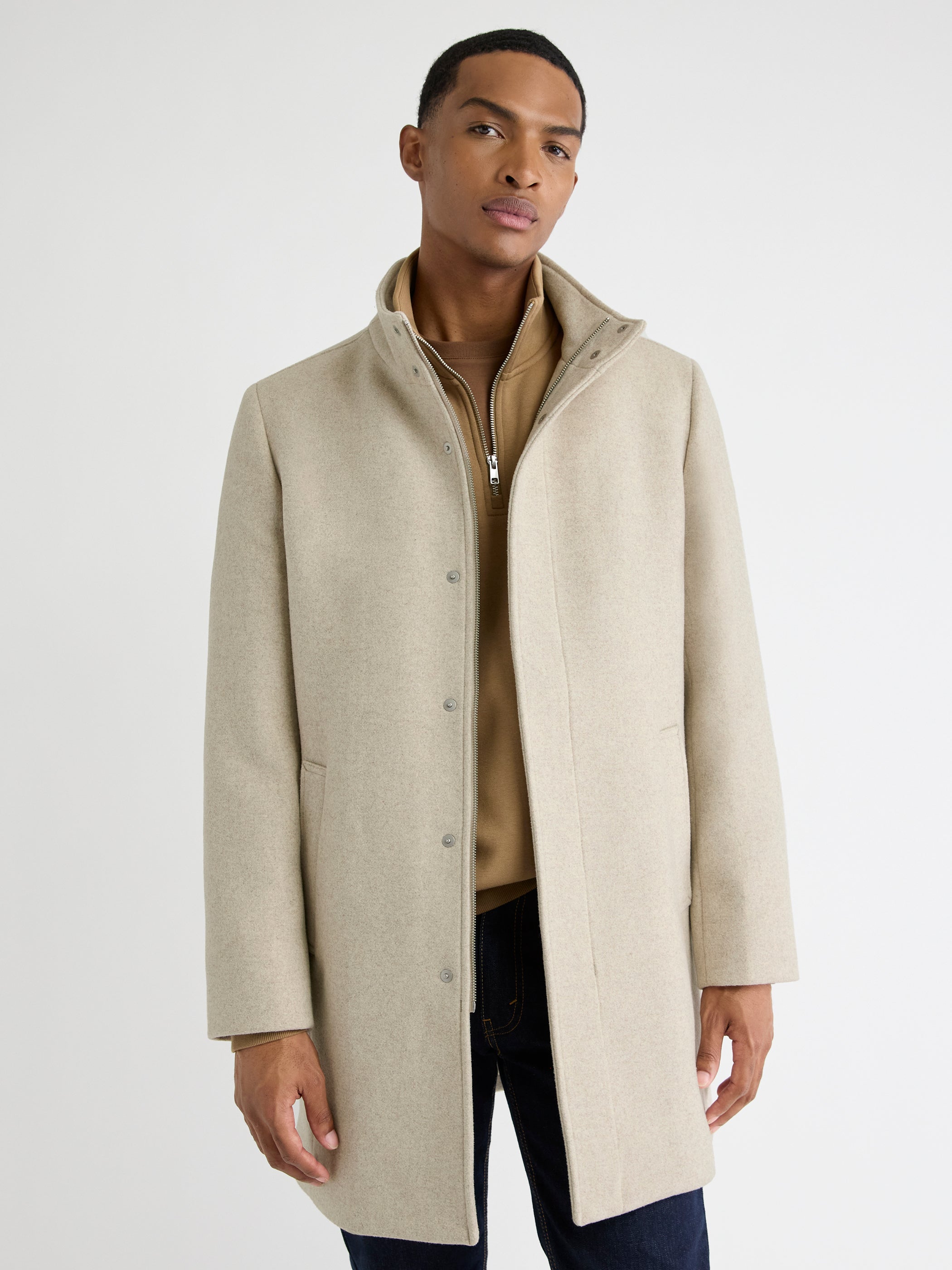 Classic Solid Mock-Neck Wool Coat with Dickey
