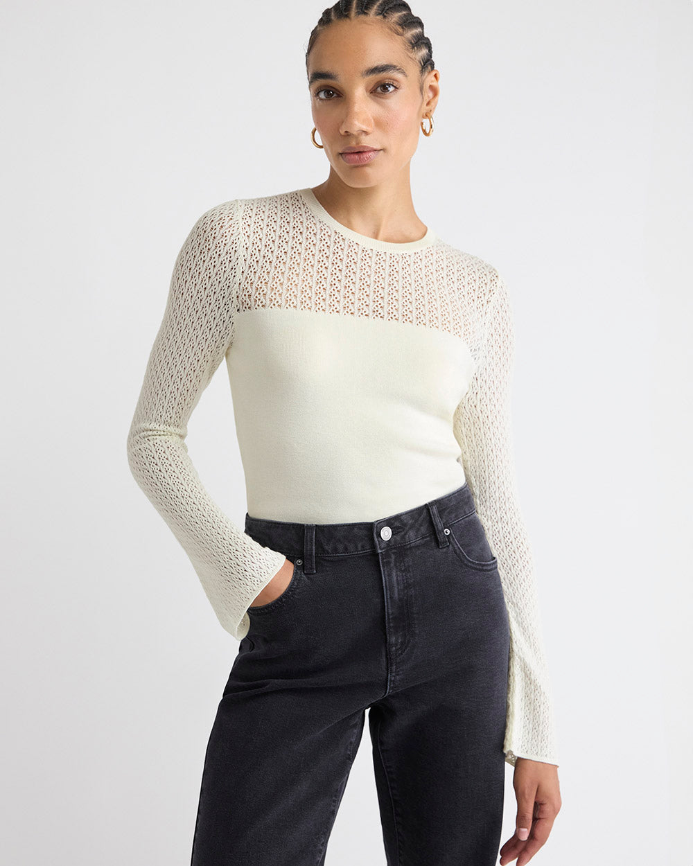 Long-Sleeve Crew-Neck Sweater with Fancy-Stitch Yoke