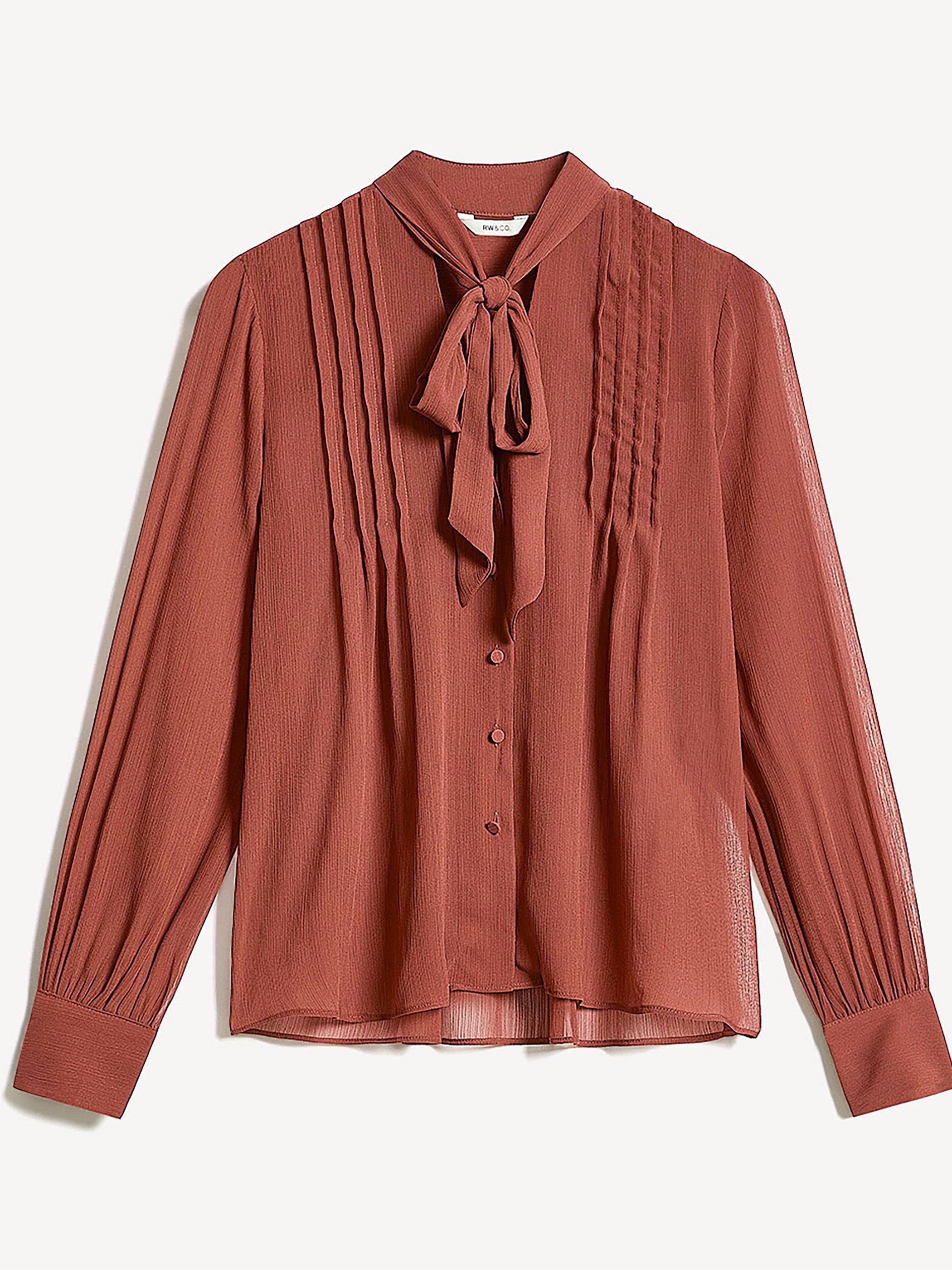 Long-Sleeve V-Neck Blouse with Ribbon at Neckline