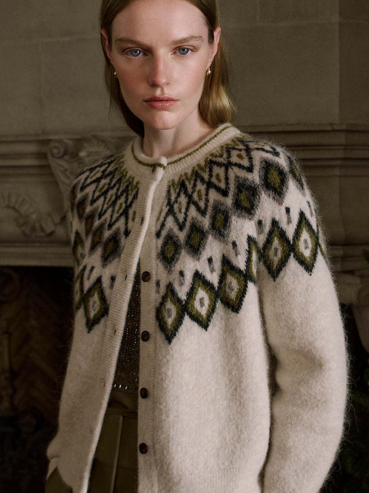Wool-Blend Long-Sleeve Cardigan with Fair Isle Pattern