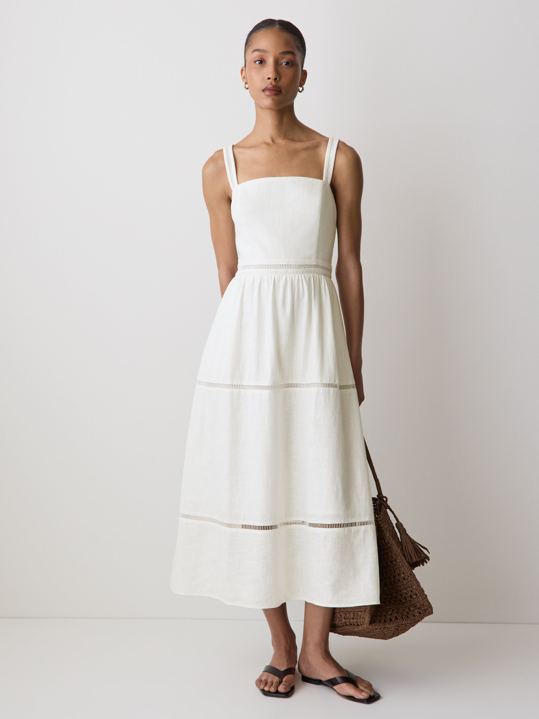 Sleeveless Square-Neck Linen-Blend Midi Dress