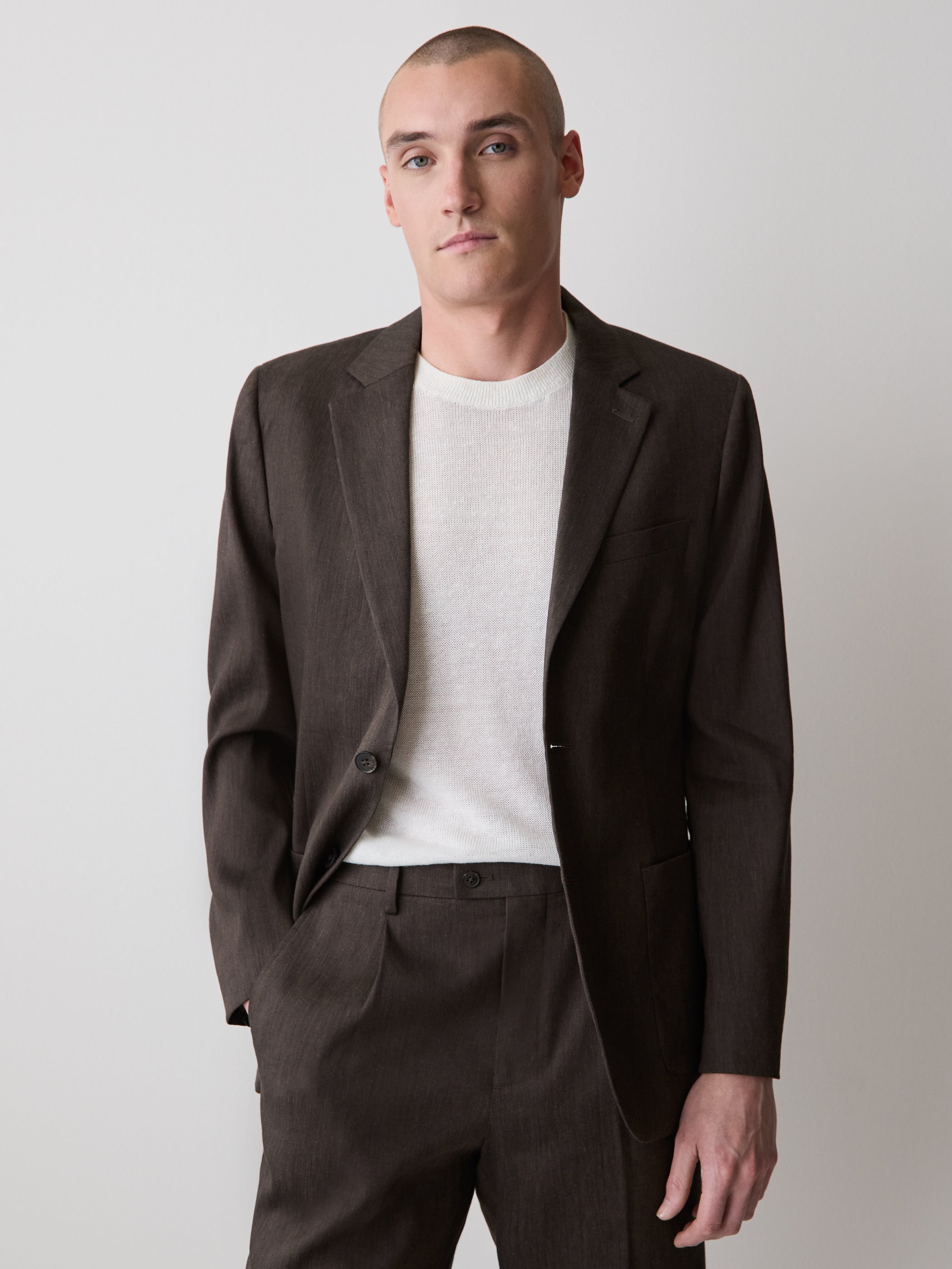 Slim-Fit Brown Linen-Blend Blazer