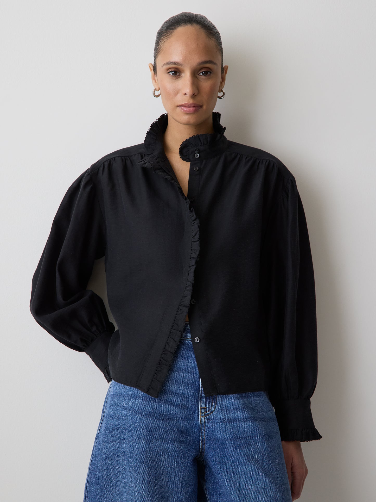 Long-Sleeve Crew-Neck Blouse with Ruffles