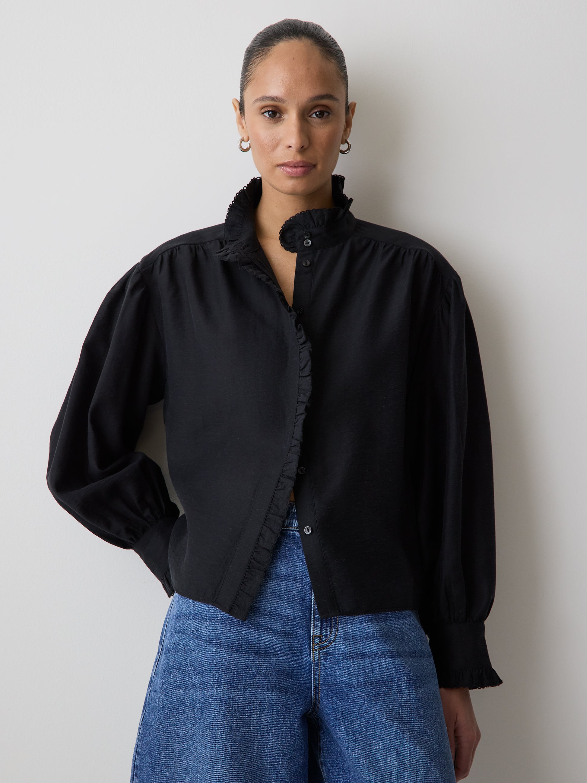 Long-Sleeve Crew-Neck Blouse with Ruffles