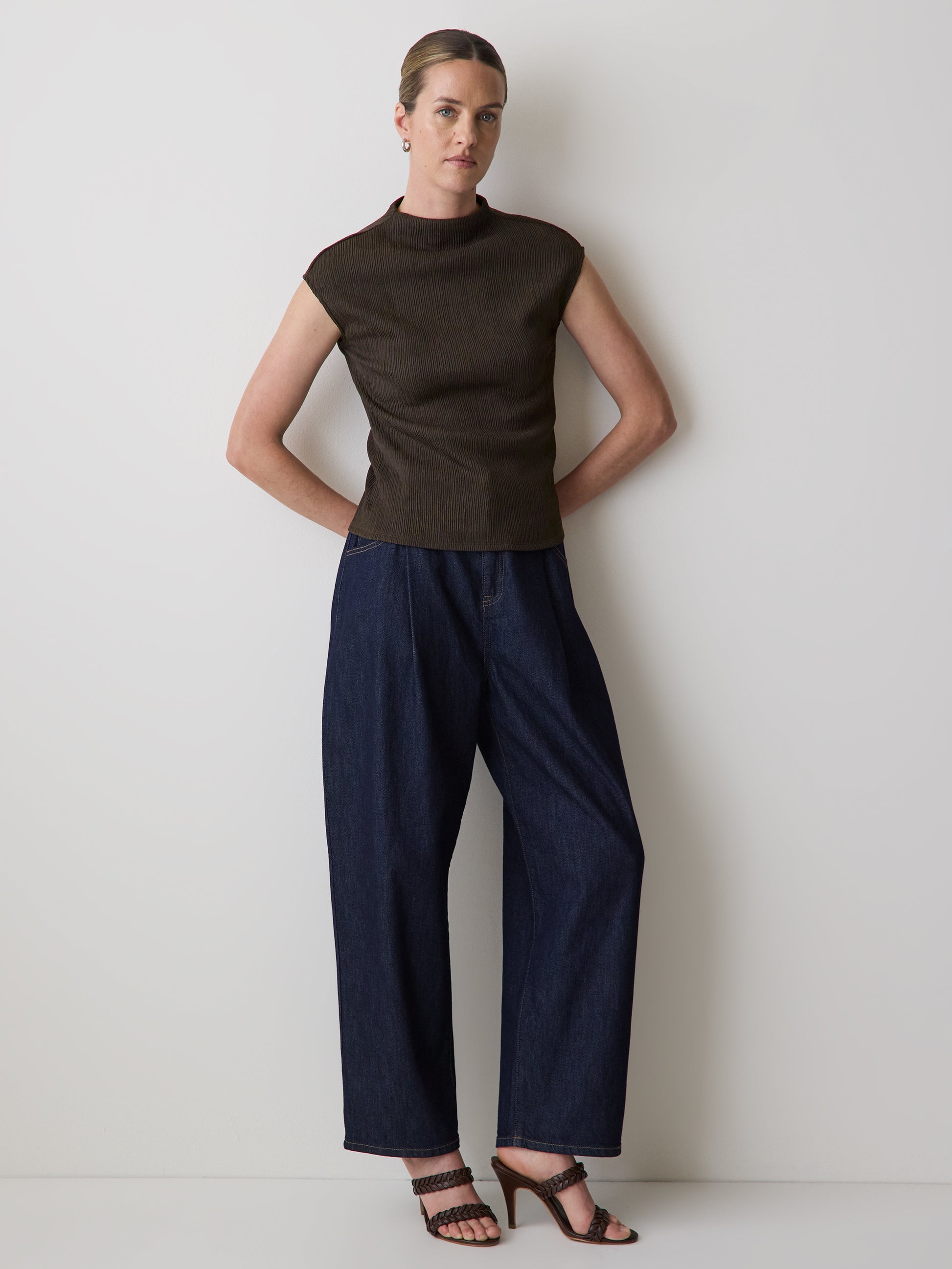 Sleeveless Funnel-Neck Textured Top