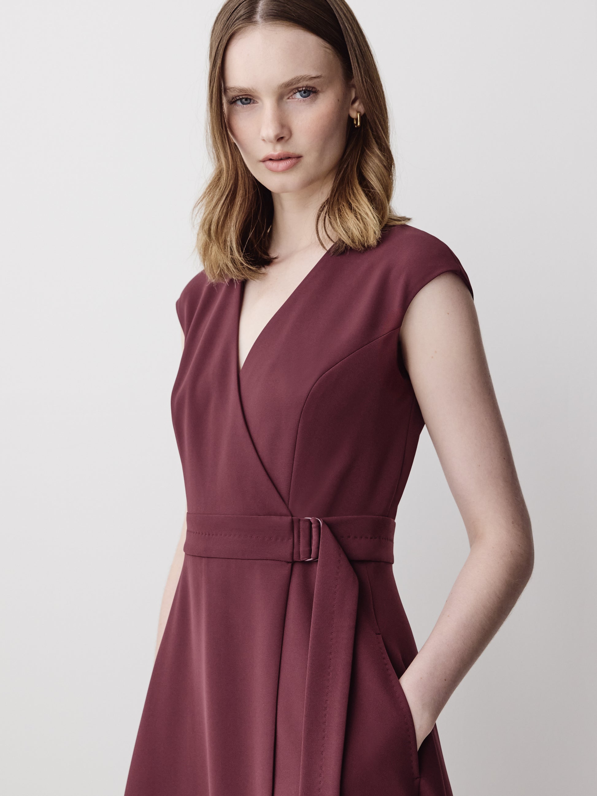 Extended-Sleeve V-Neck Wrap Midi Dress