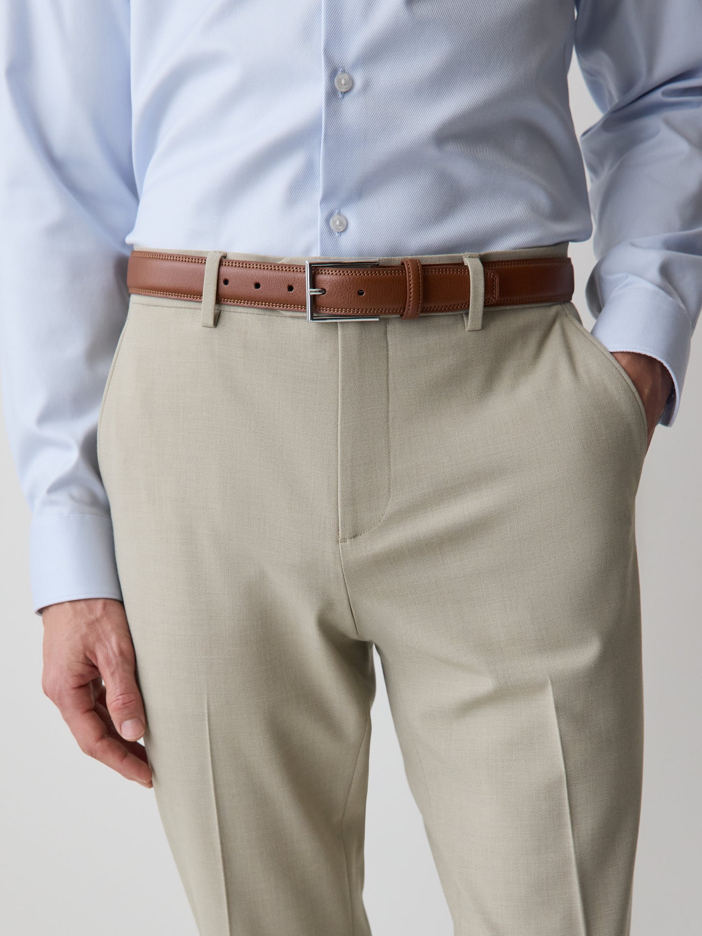 Double-Stitched Leather Belt with Square Buckle