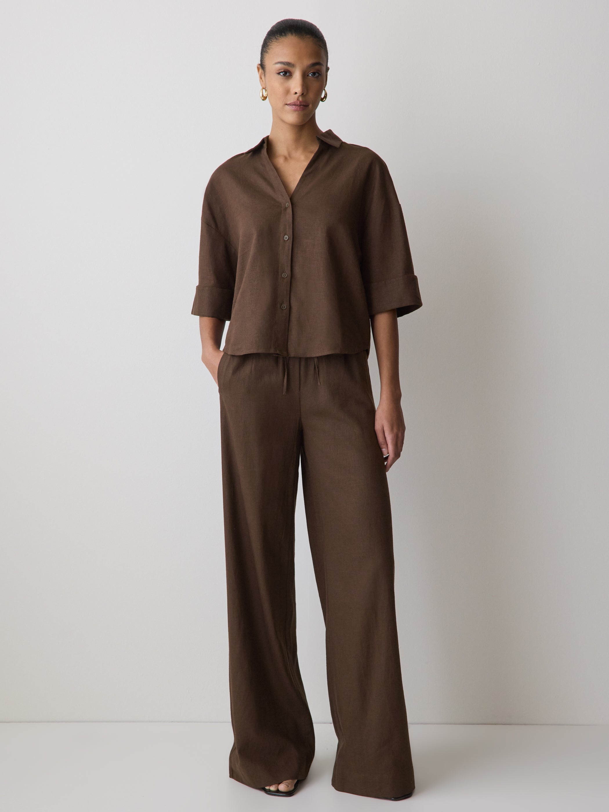 Linen-Blend Short-Sleeve Blouse with Shirt Collar