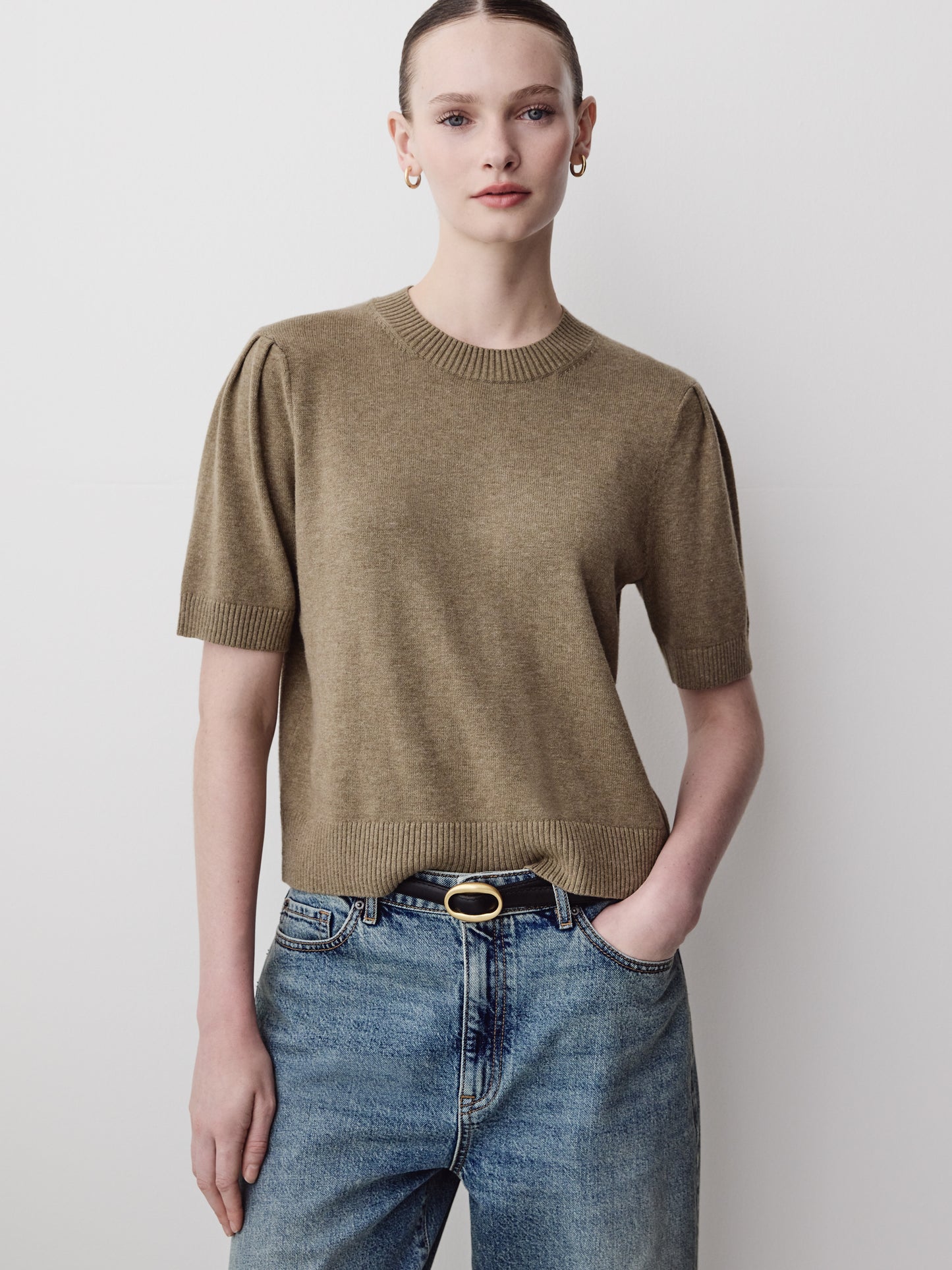 Knit Cotton Blend Crew Neck Sweater