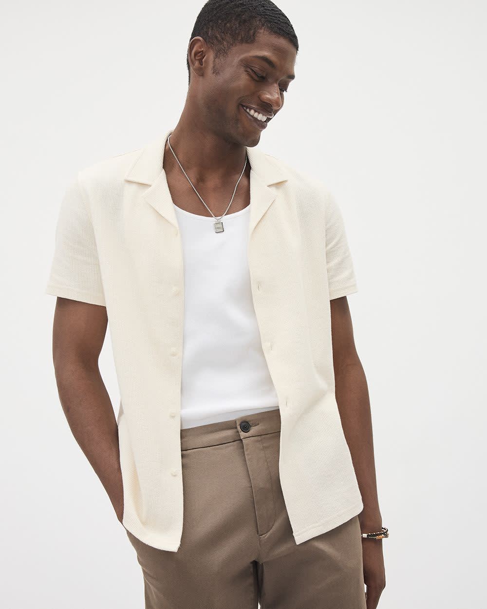 Slim Fit Short-Sleeve Knit Shirt with Camp Collar