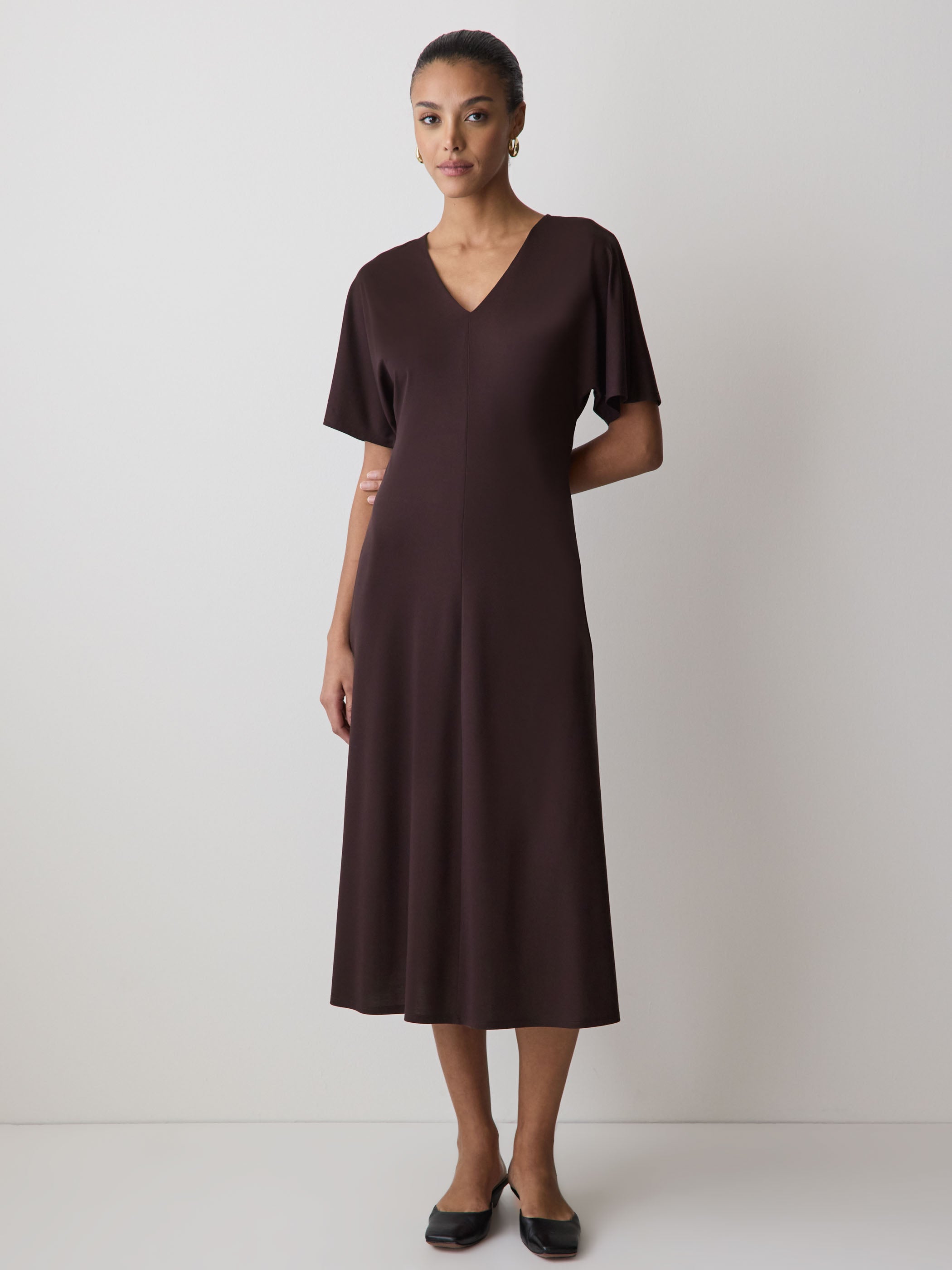 Short-Sleeve V-Neck Midi Dress