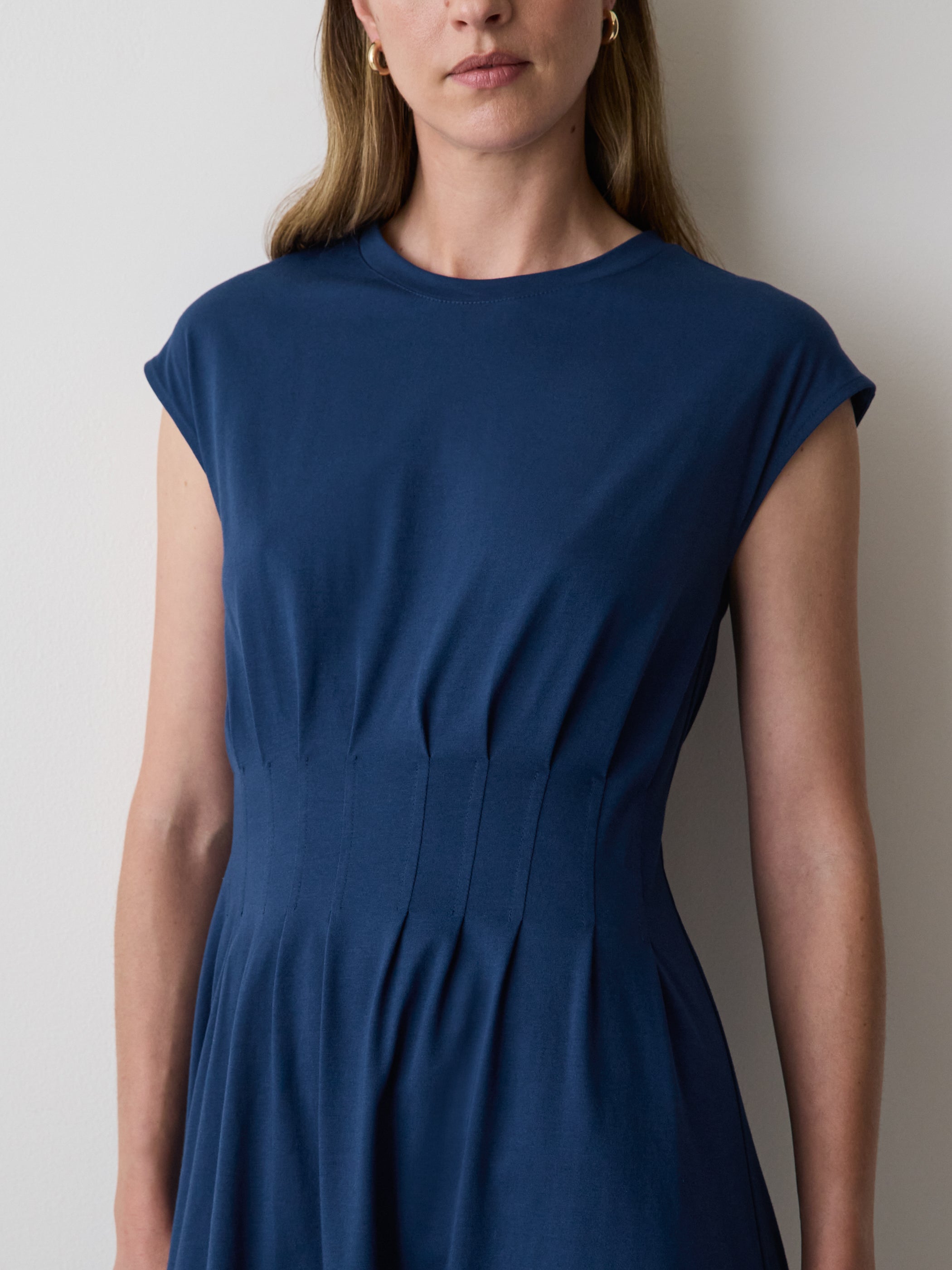 Extended-Sleeve Crew-Neck Midi Dress with Pintucks