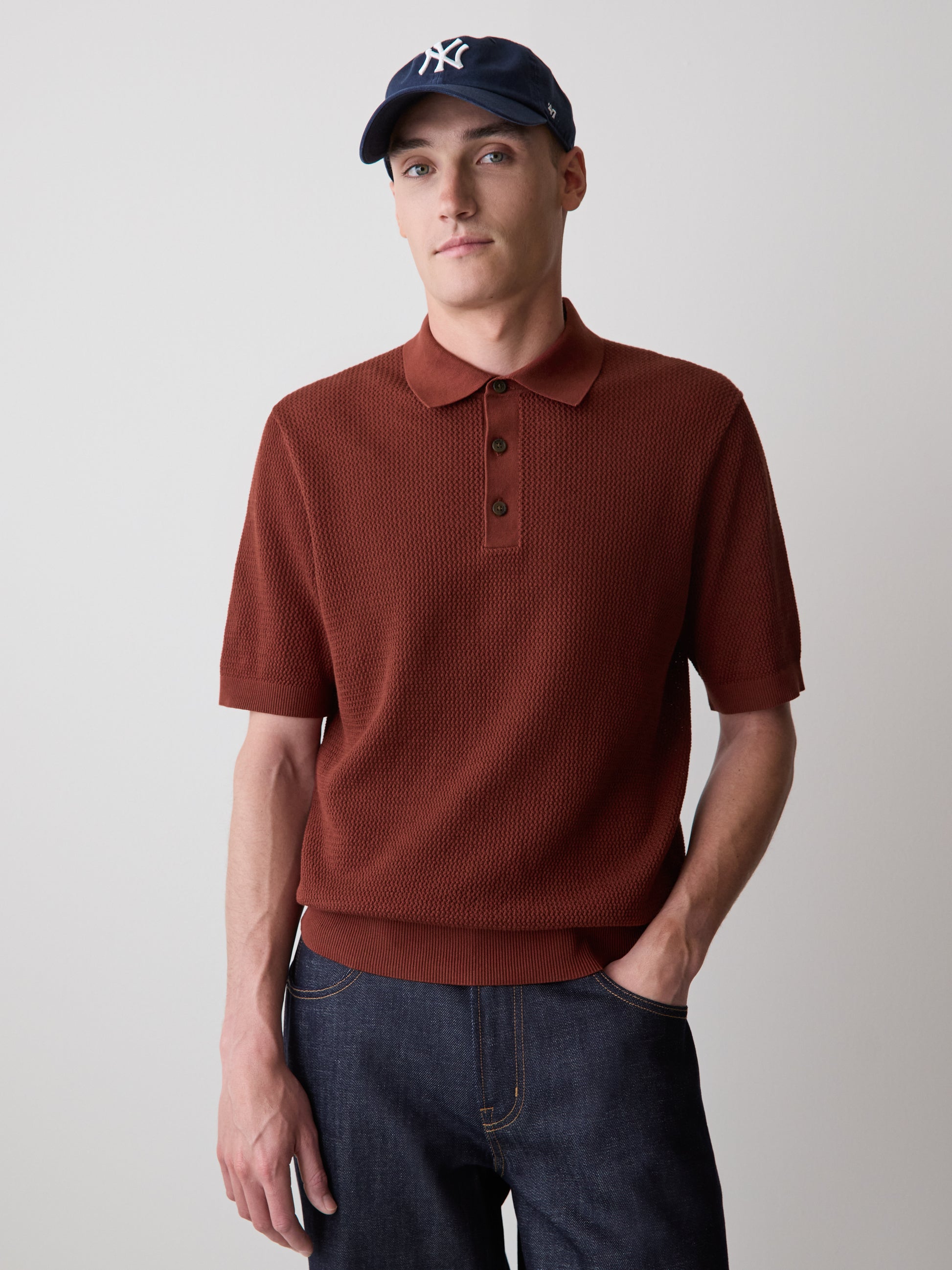 Textured Short-Sleeve Polo Sweater