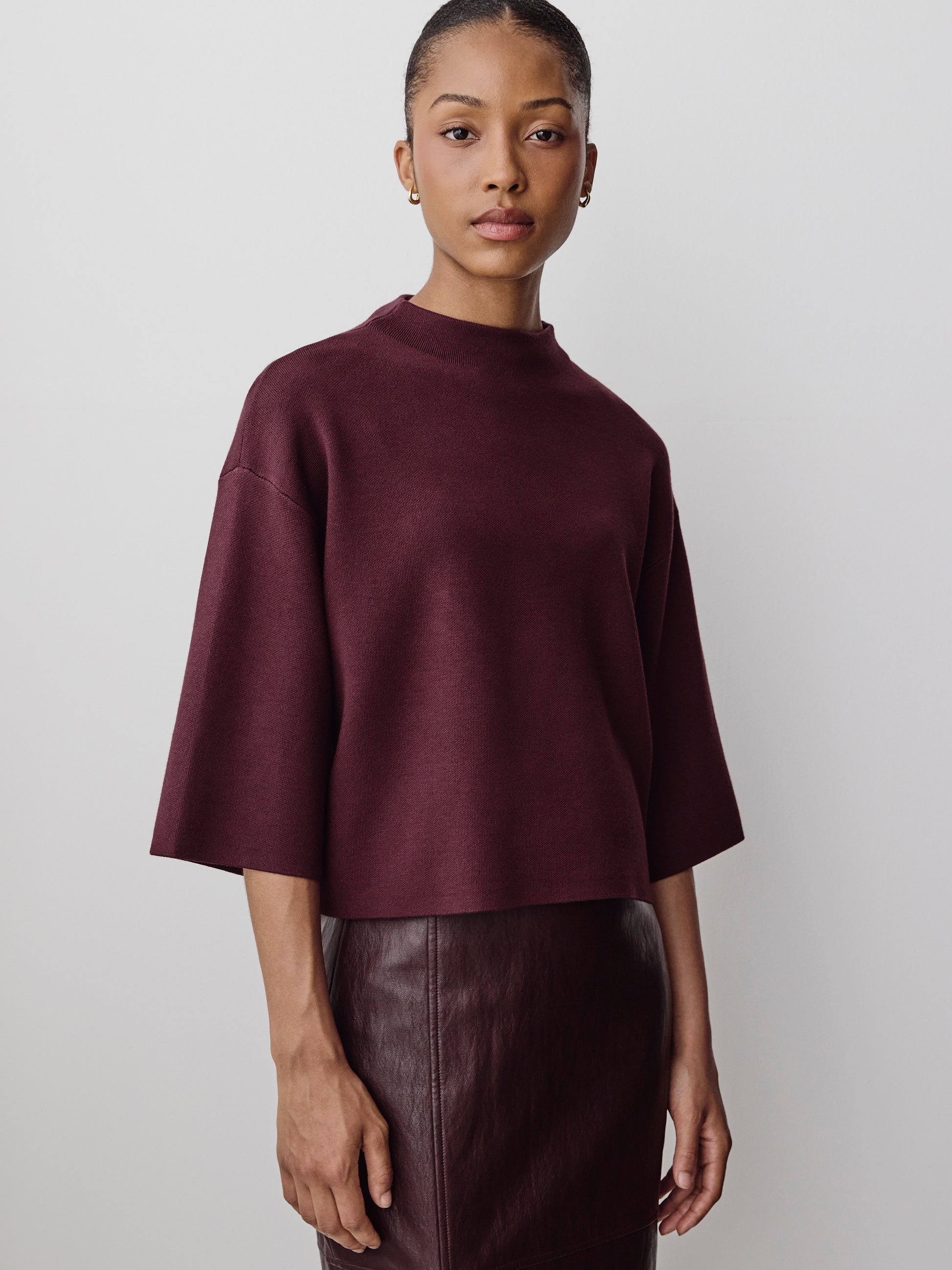 Mock-Neck Sweater with Bell Elbow Sleeves