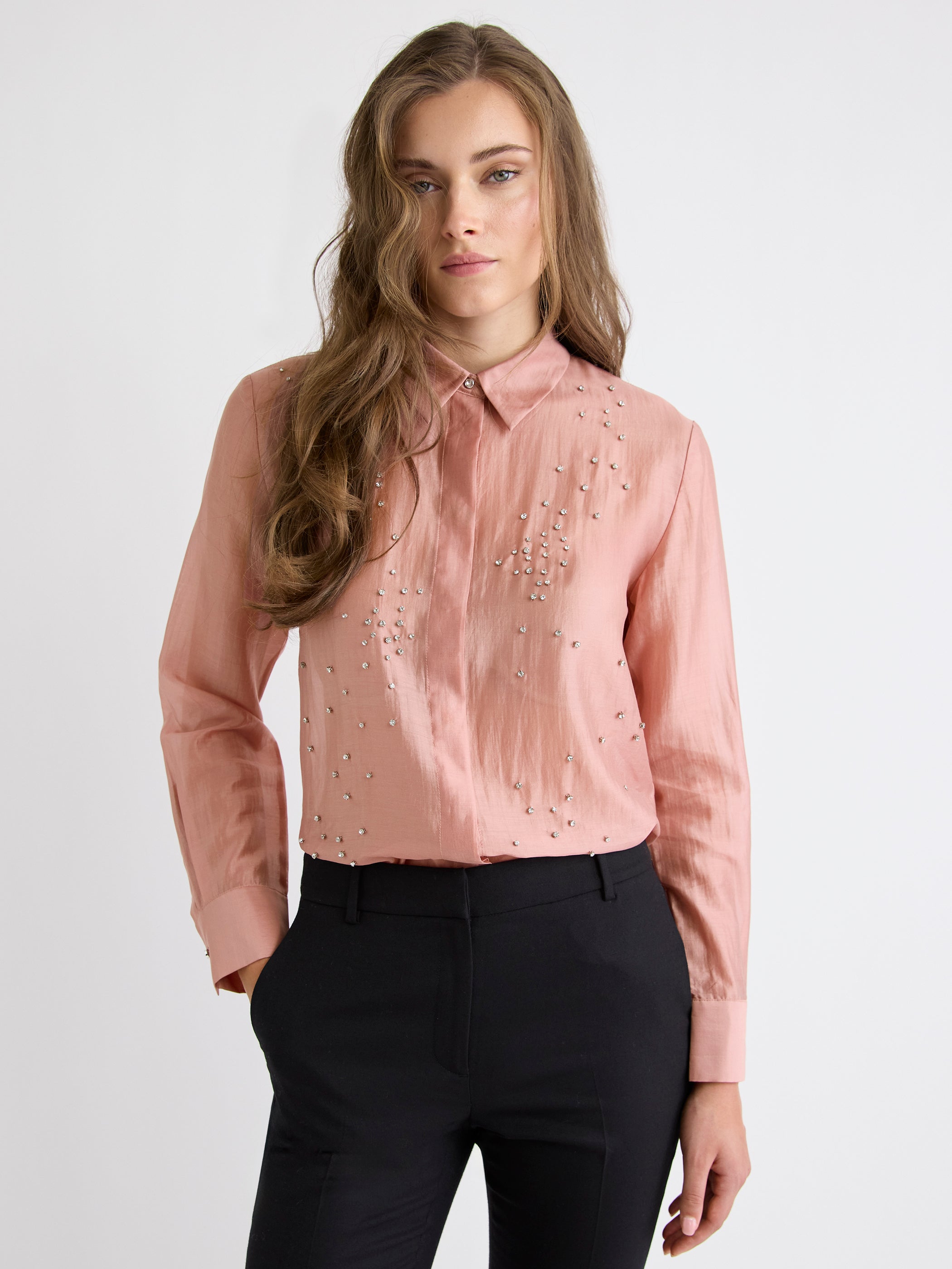 Blouse Boutonnée à Manches Longues avec Strass