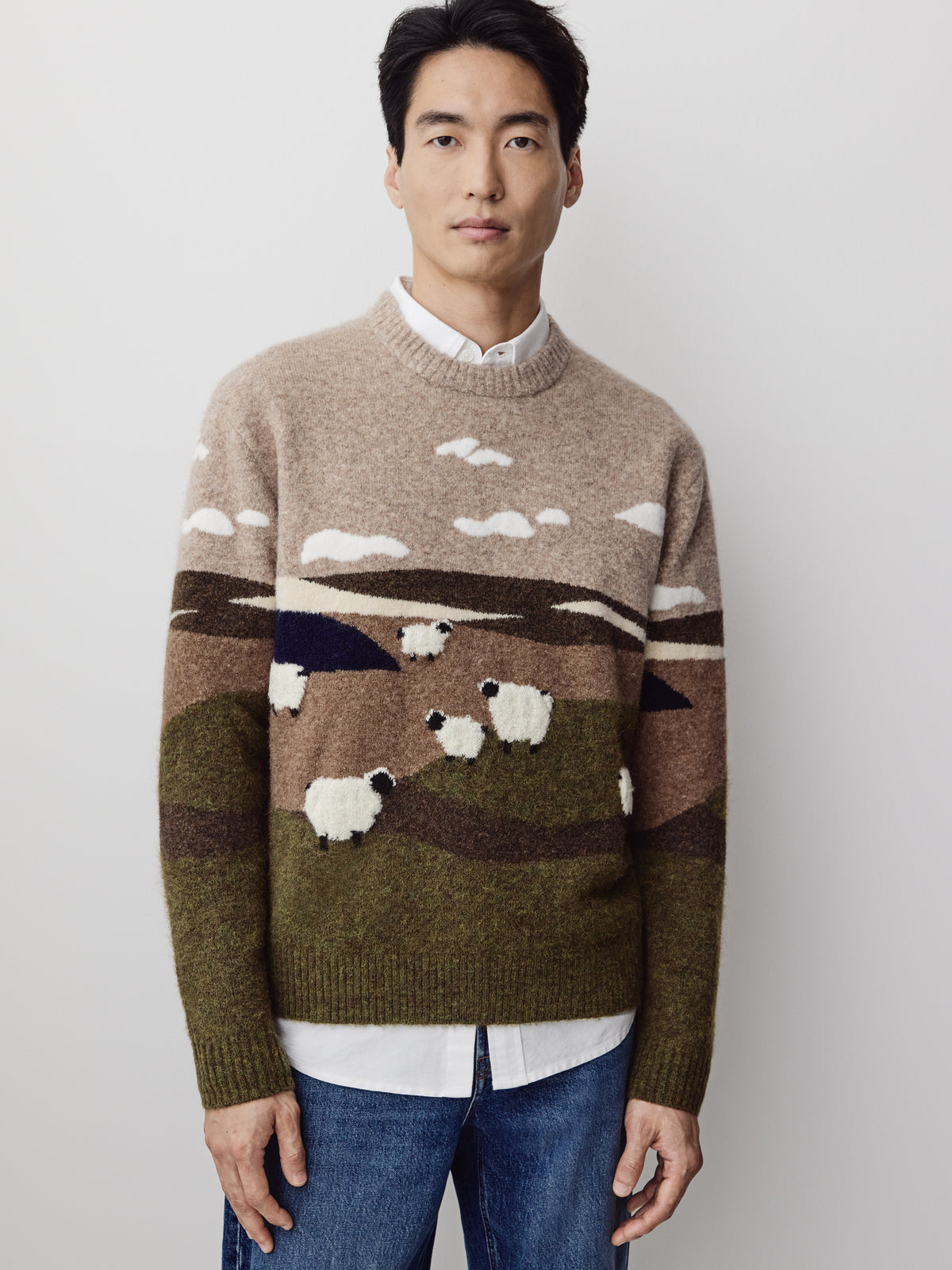 Long Sleeve Landscape Intarsia Crew Neck Sweater