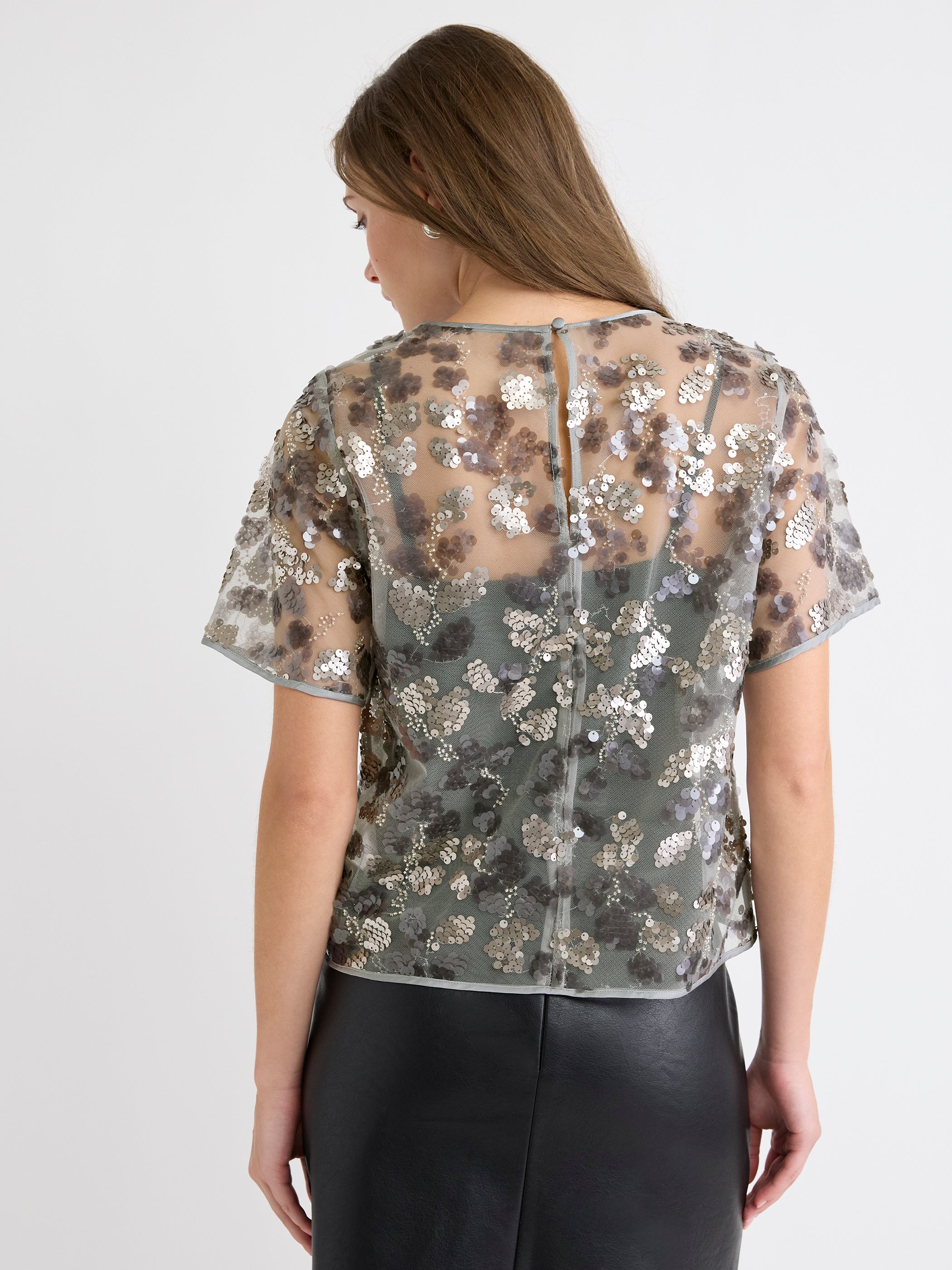 Blouse Popover à Paillettes à Col Rond et Manches Courtes