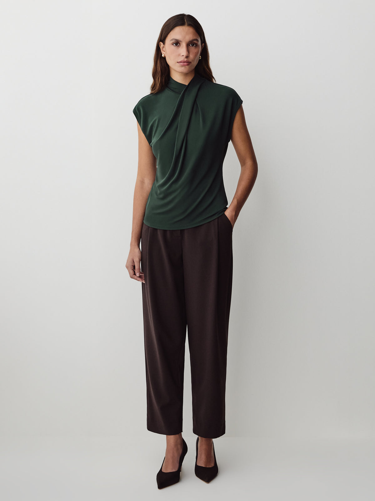 Extended-Sleeve Top with Crossover Draped Mock Neckline