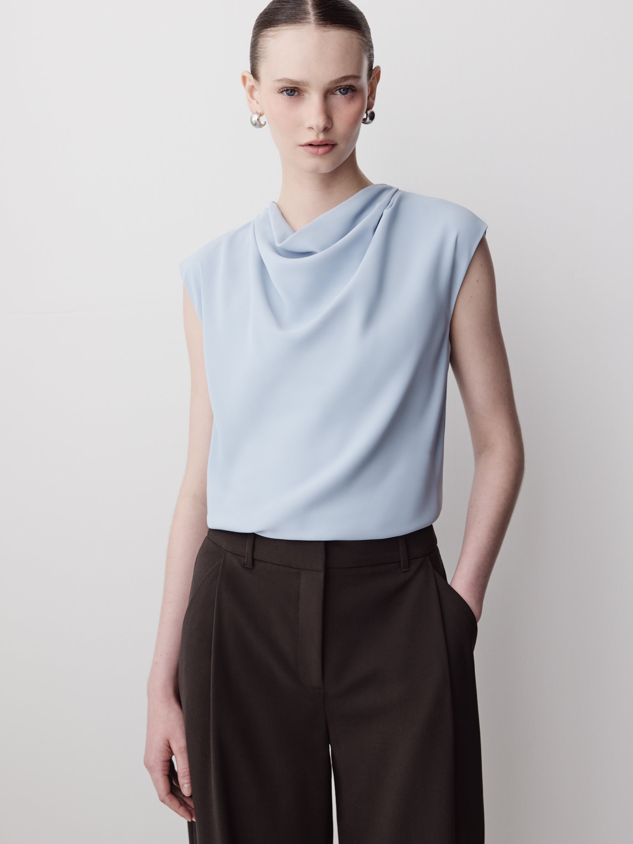 Woven Blouse Luxe Crepe Cowl Neck