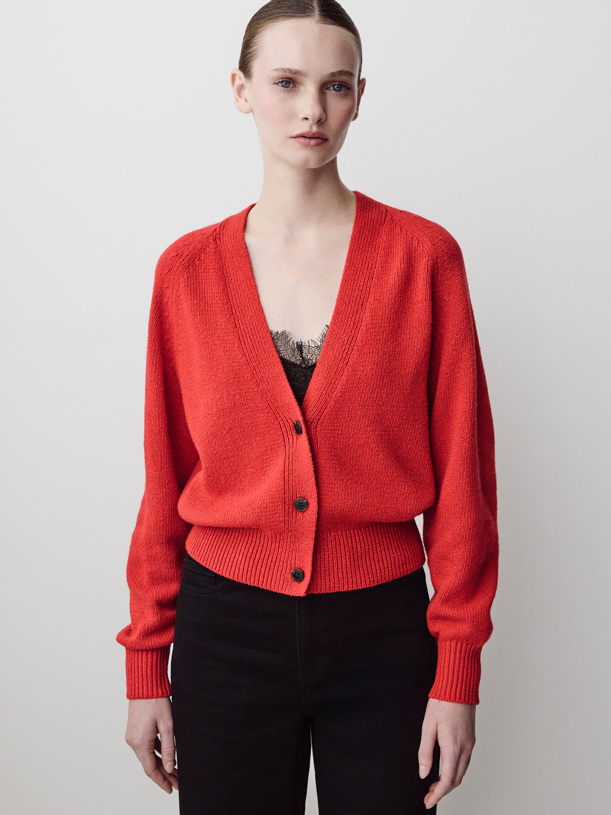 V-Neck Cardigan with Long Barrel Sleeves