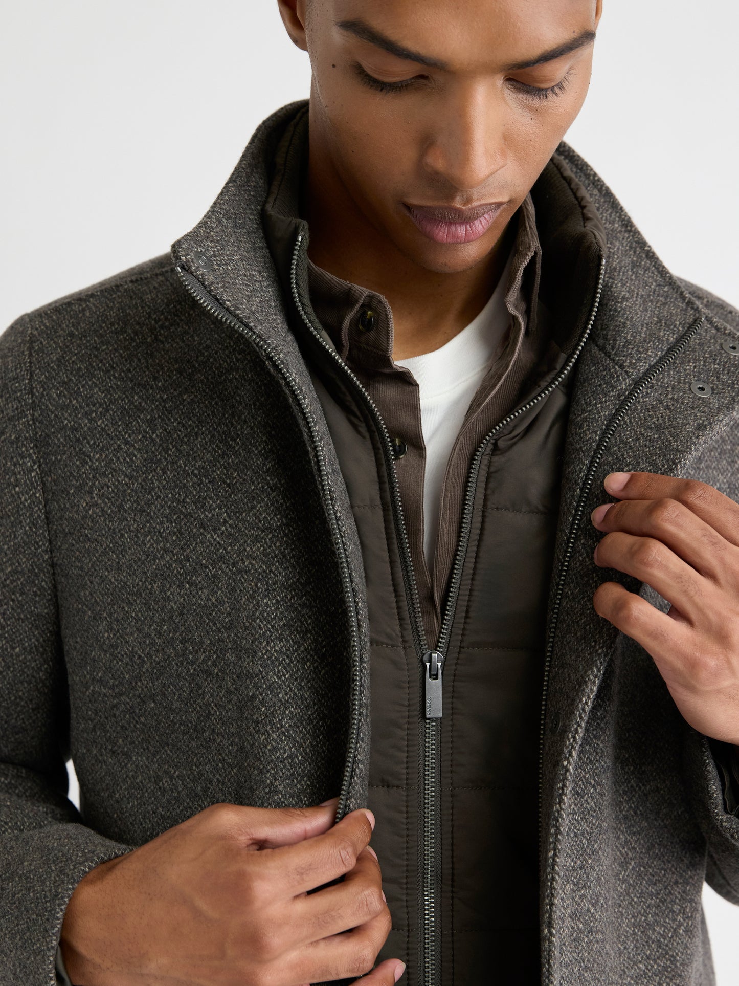 Classic Mock-Neck Heathered-Wool Coat with Dickey