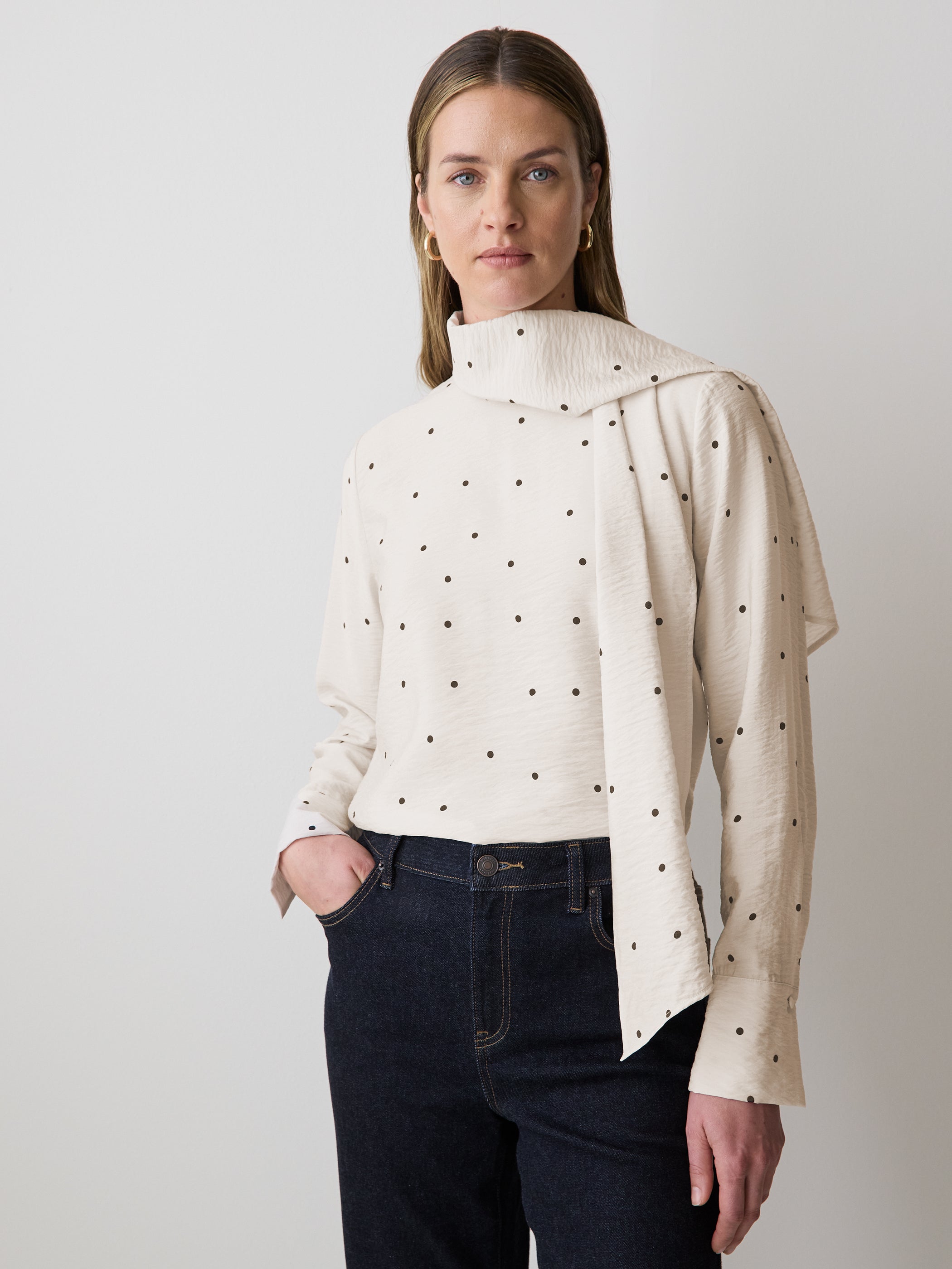 Blouse Popover à Manches Longues avec Encolure à Foulard