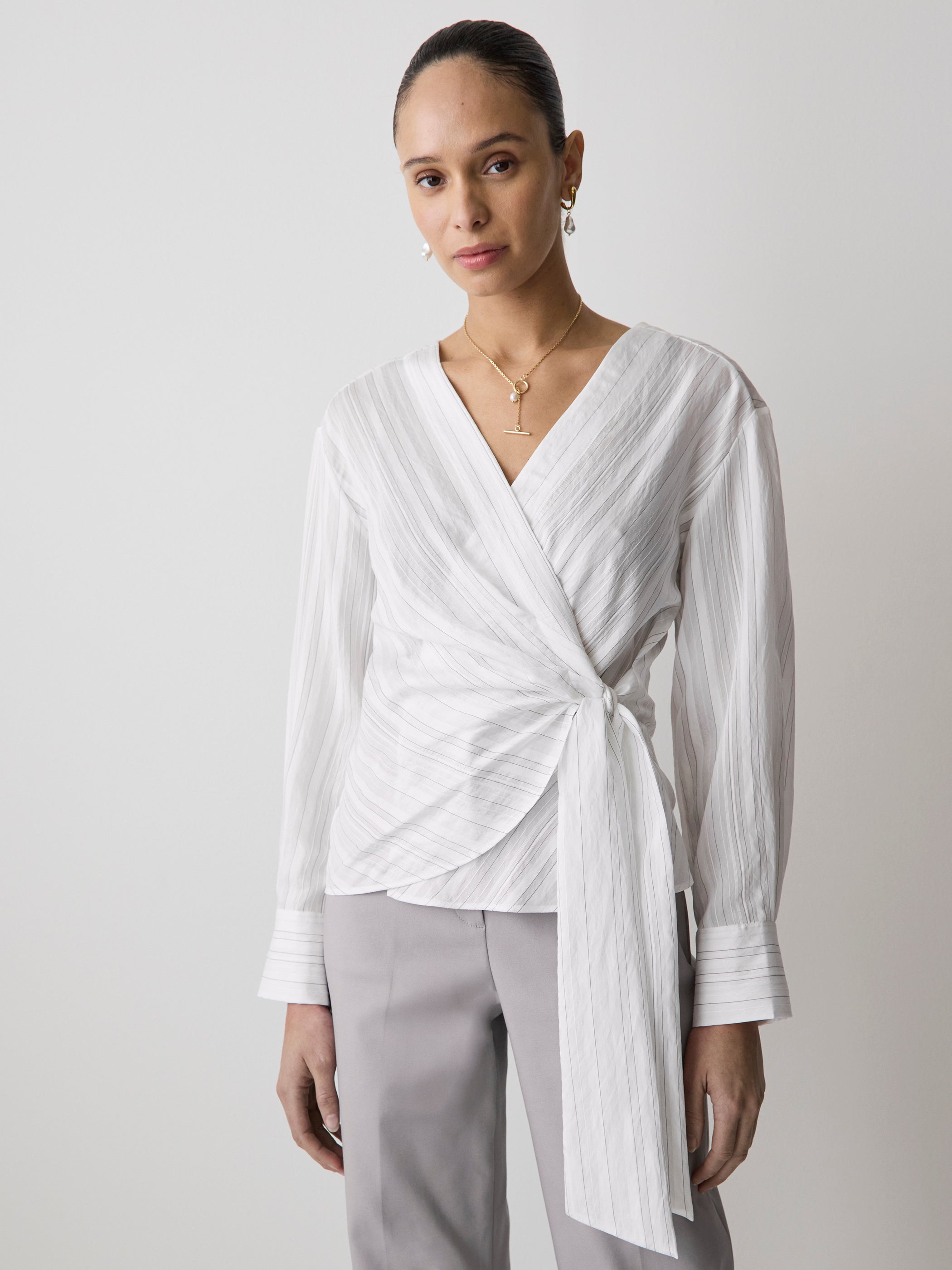 Woven Long Sleeve Wrap Blouse