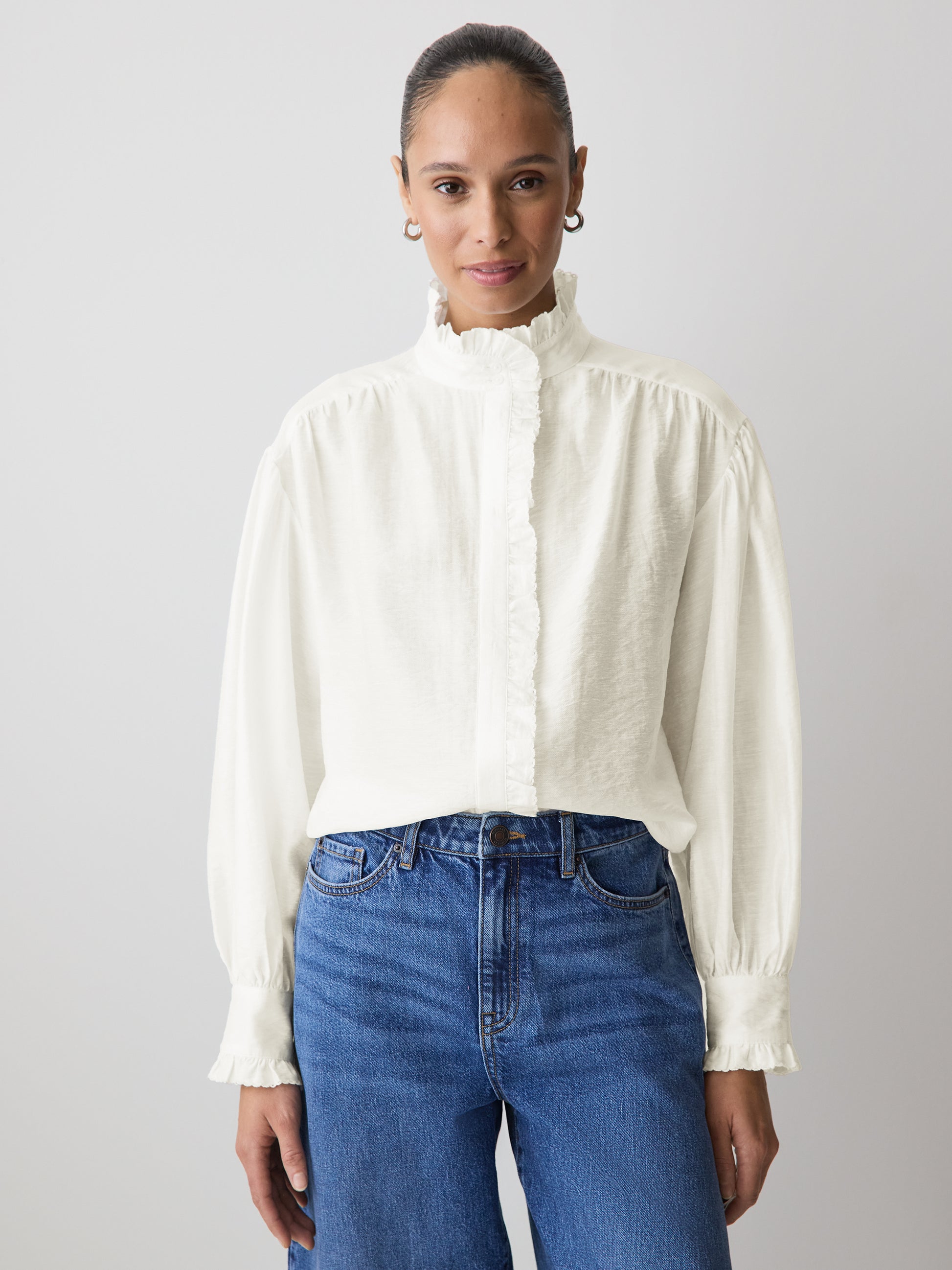 Long-Sleeve Crew-Neck Blouse with Ruffles