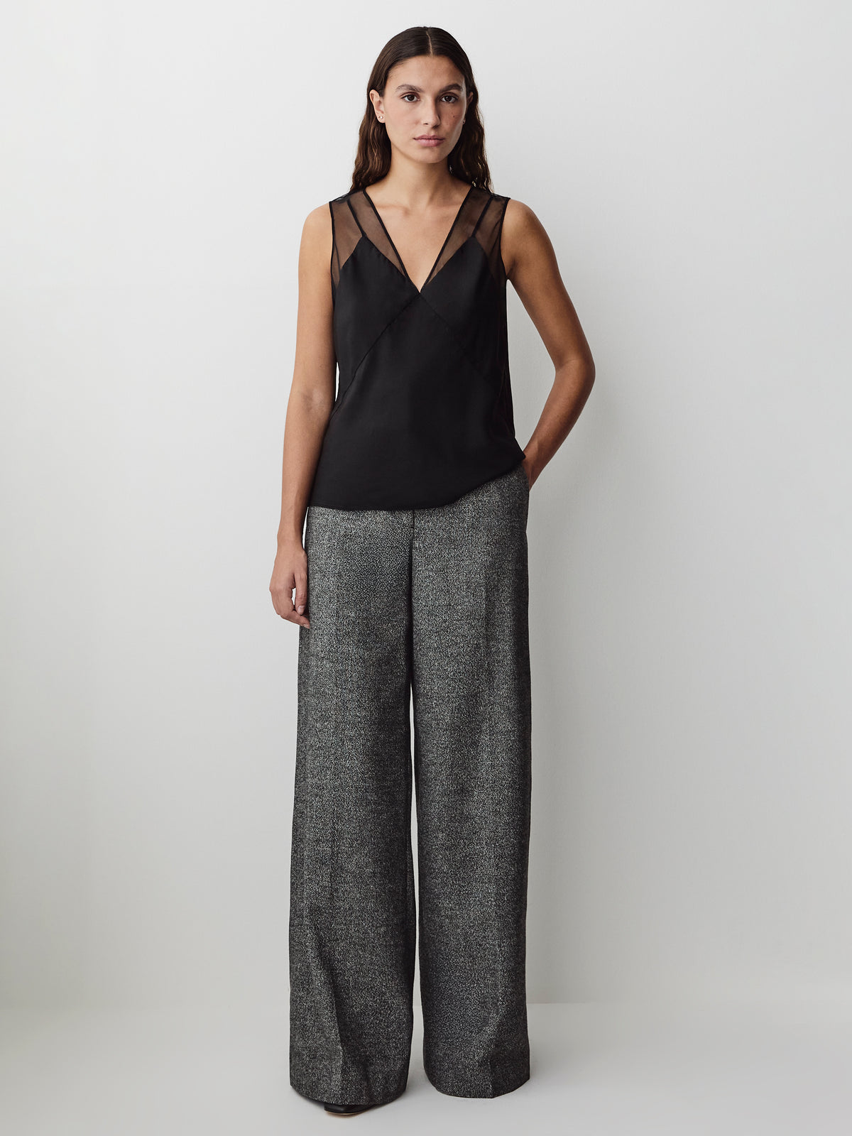 Sleeveless V-Neck Blouse with Sheer Straps