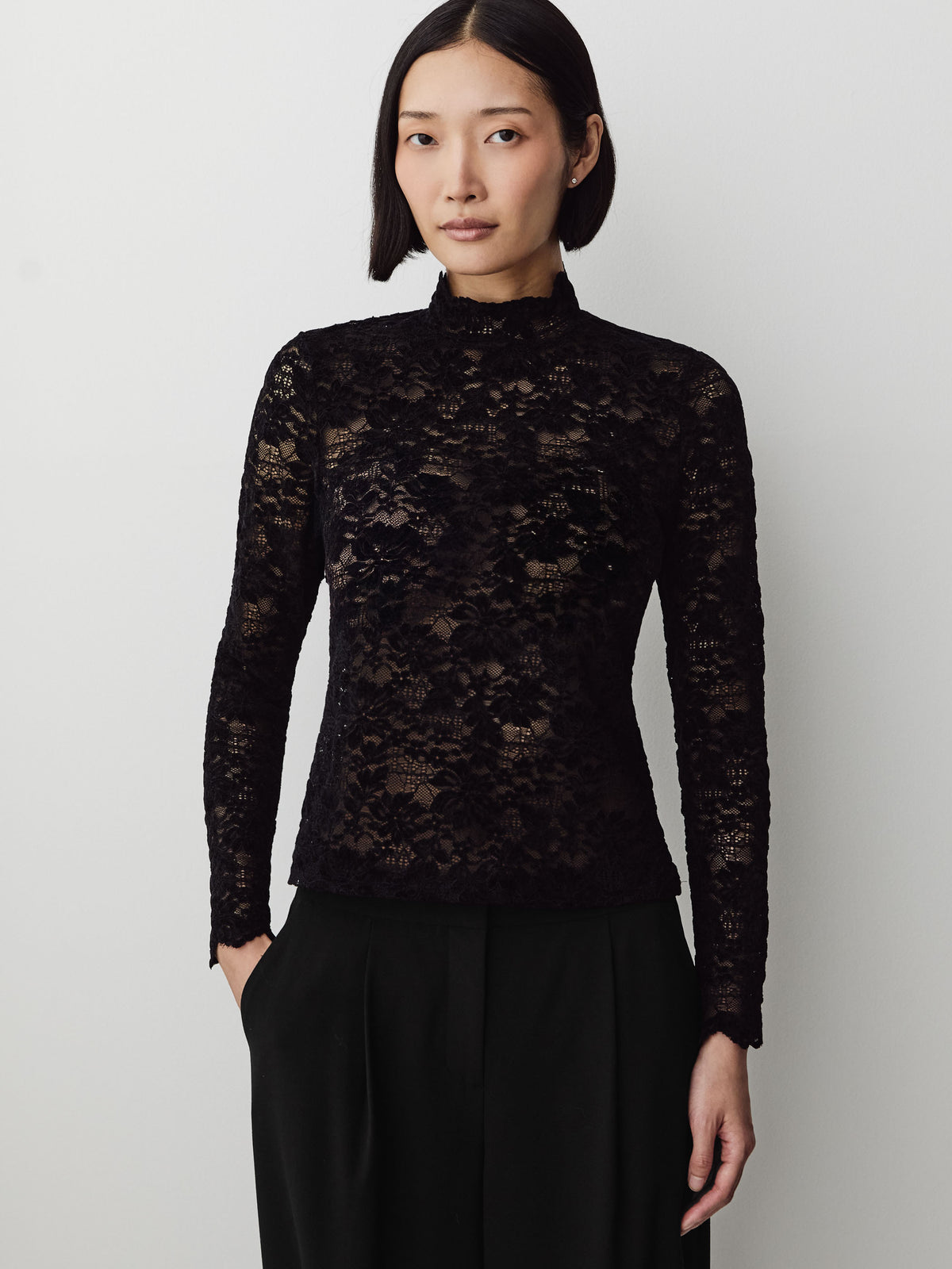 Long-Sleeve Mock-Neck Lace Top