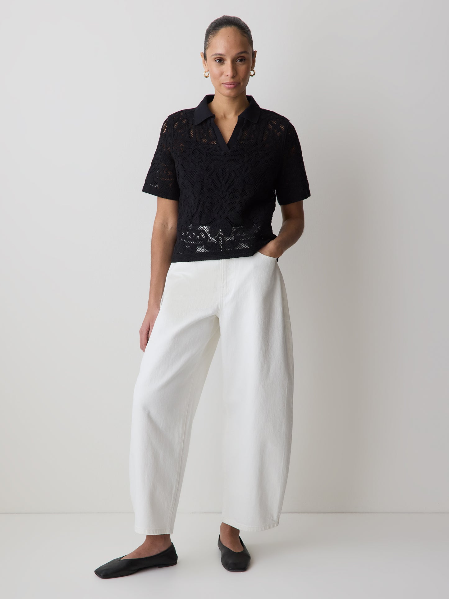 Short-Sleeve Crochet Polo Top