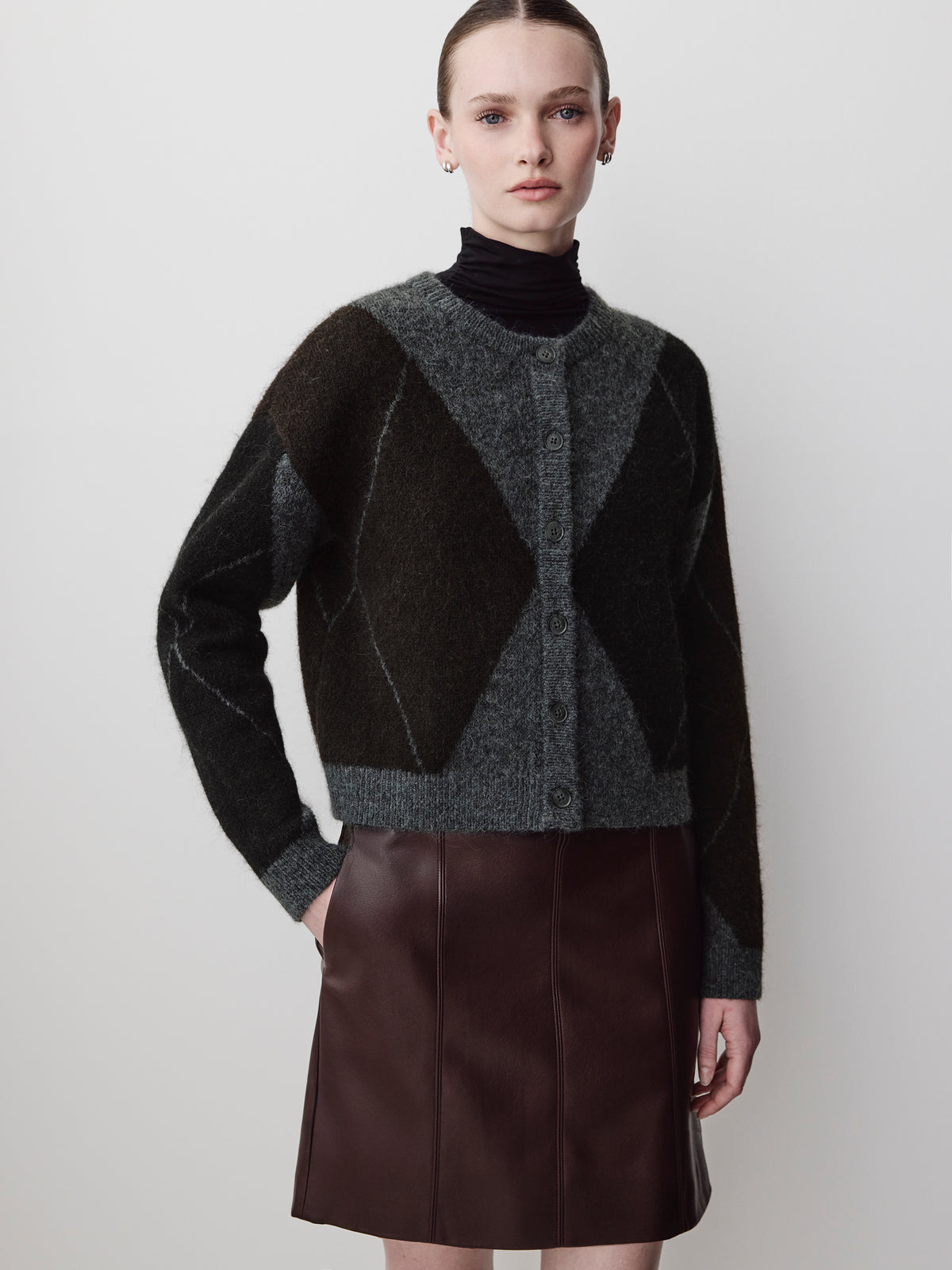 Knit Cardigan with Argyle Pattern, Wool Blend