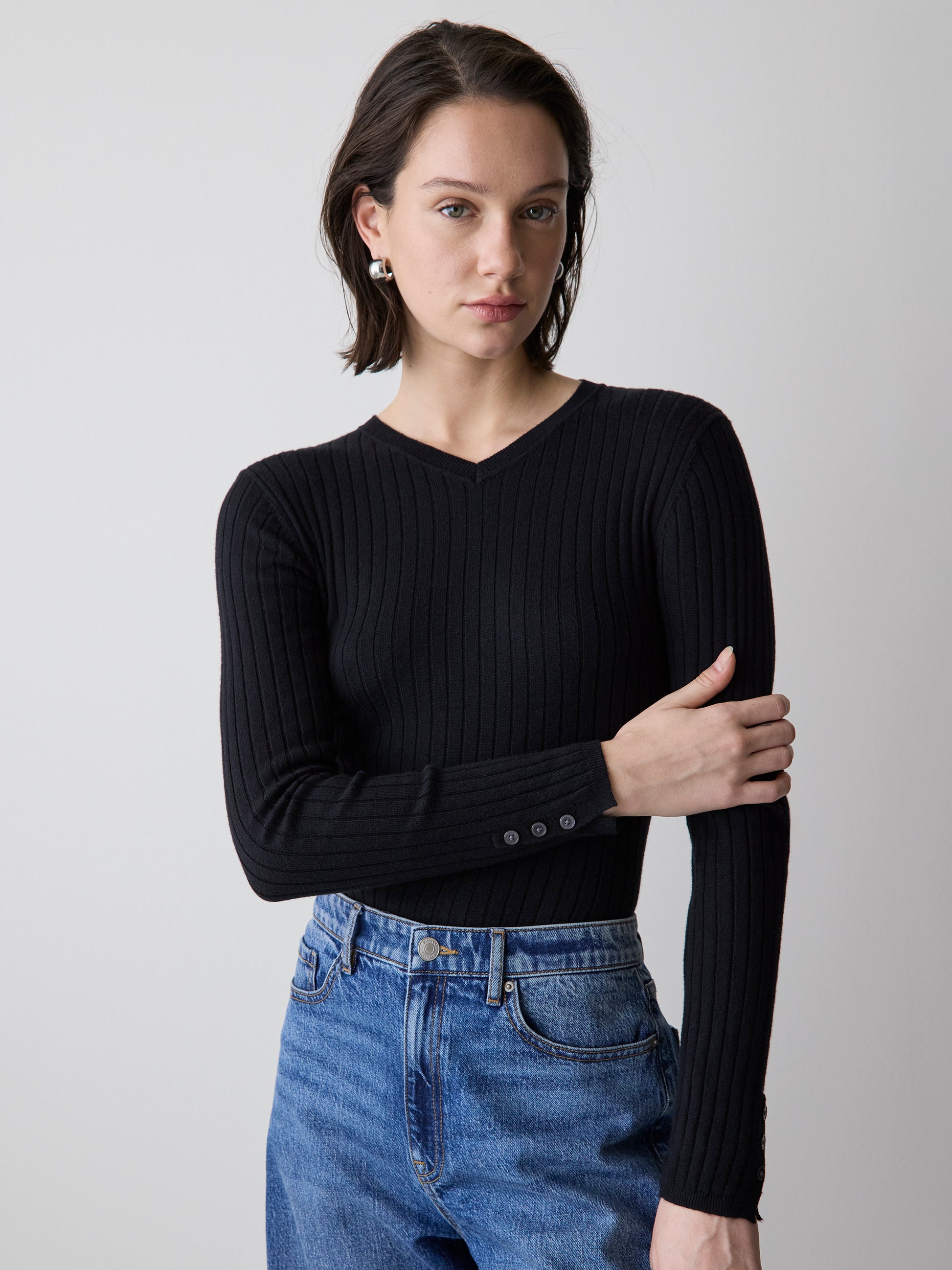 V-Neck Sweater with Buttons on Sleeves