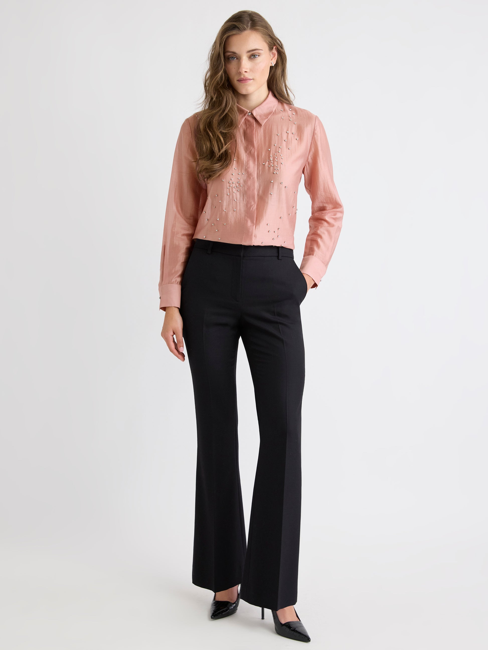 Long-Sleeve Buttoned-Down Blouse with Rhinestones