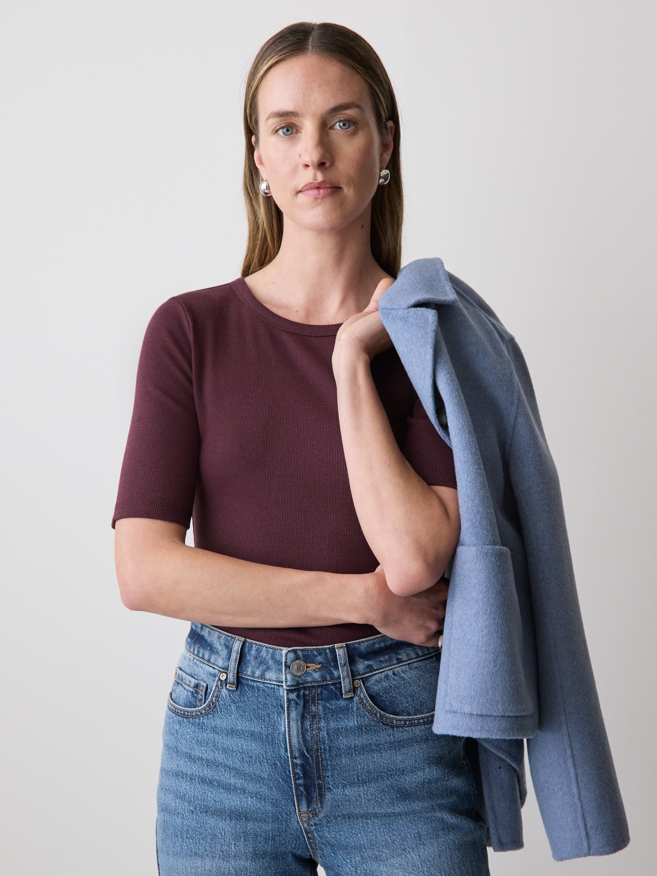 Elbow-Sleeve Crew-Neck Ribbed Tee