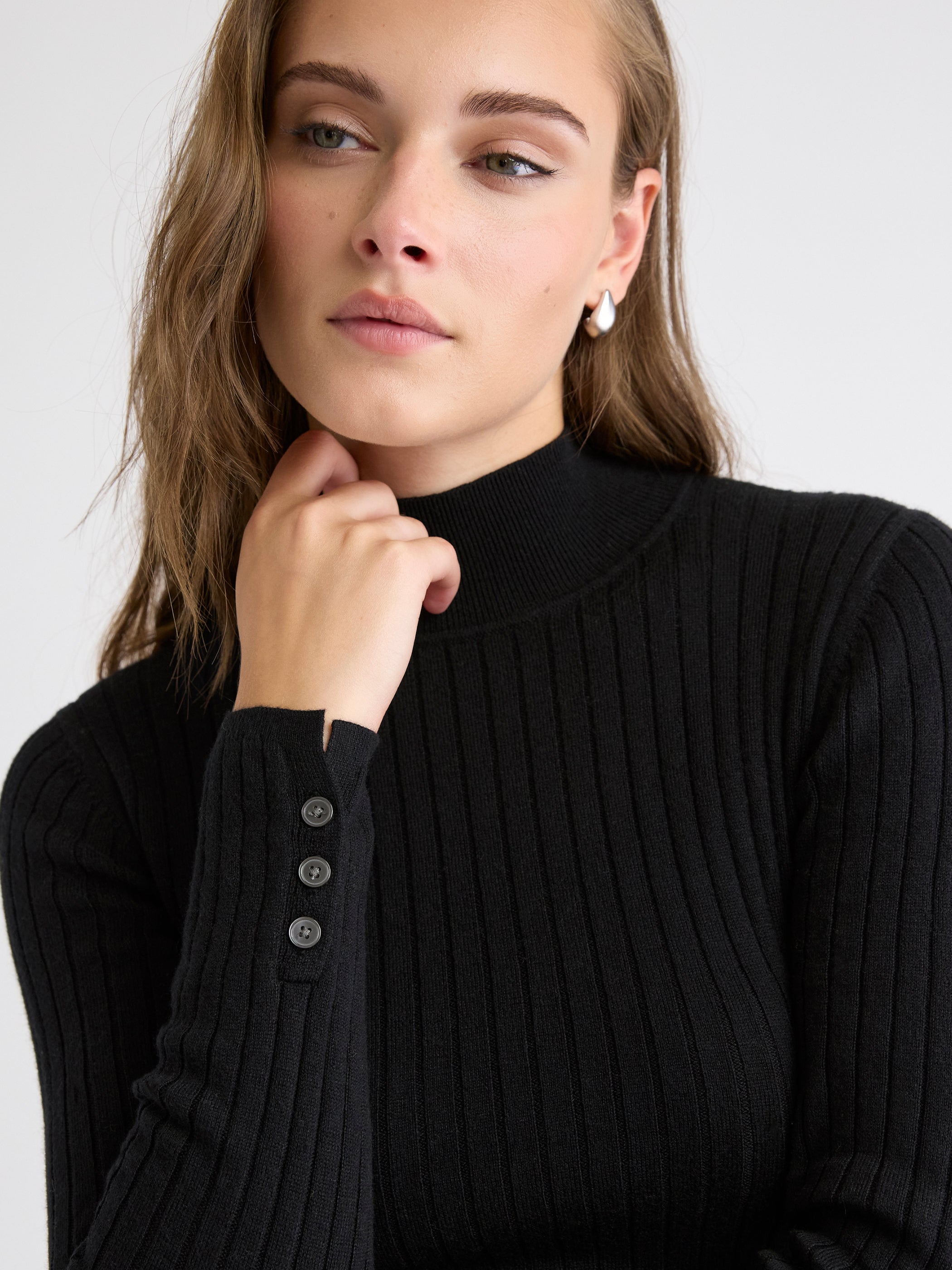 Mock-Neck Sweater with Buttons on Sleeves